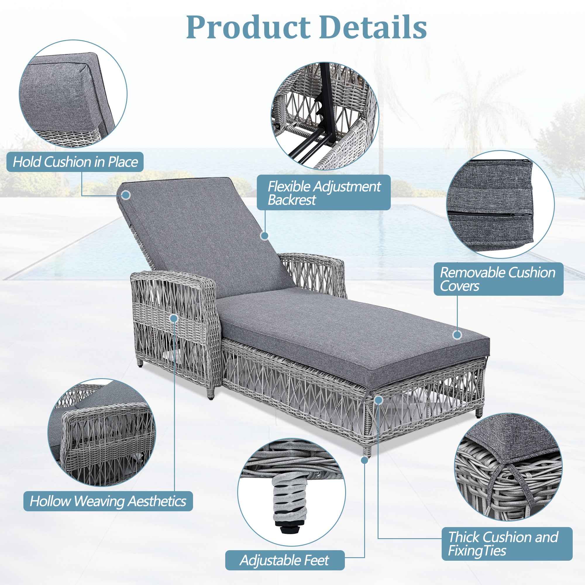 GO Outdoor Long Reclining Chaise, Wicker Lounge with Armrests, Patio Adjustable Recliner with Soft Removable Cushions, All Weather Rattan Pool Lounge for Poolside & Garden, Gray