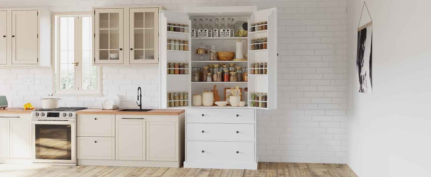 [Assembly Video Provided]TOPMAX 77inch Farmhouse Kitchen Pantry, Freestanding Tall Cupboard Storage Cabinet with 3 Adjustable Shelves, 8 Door Shelves, 3 Drawers for Kitchen, Dining Room, White