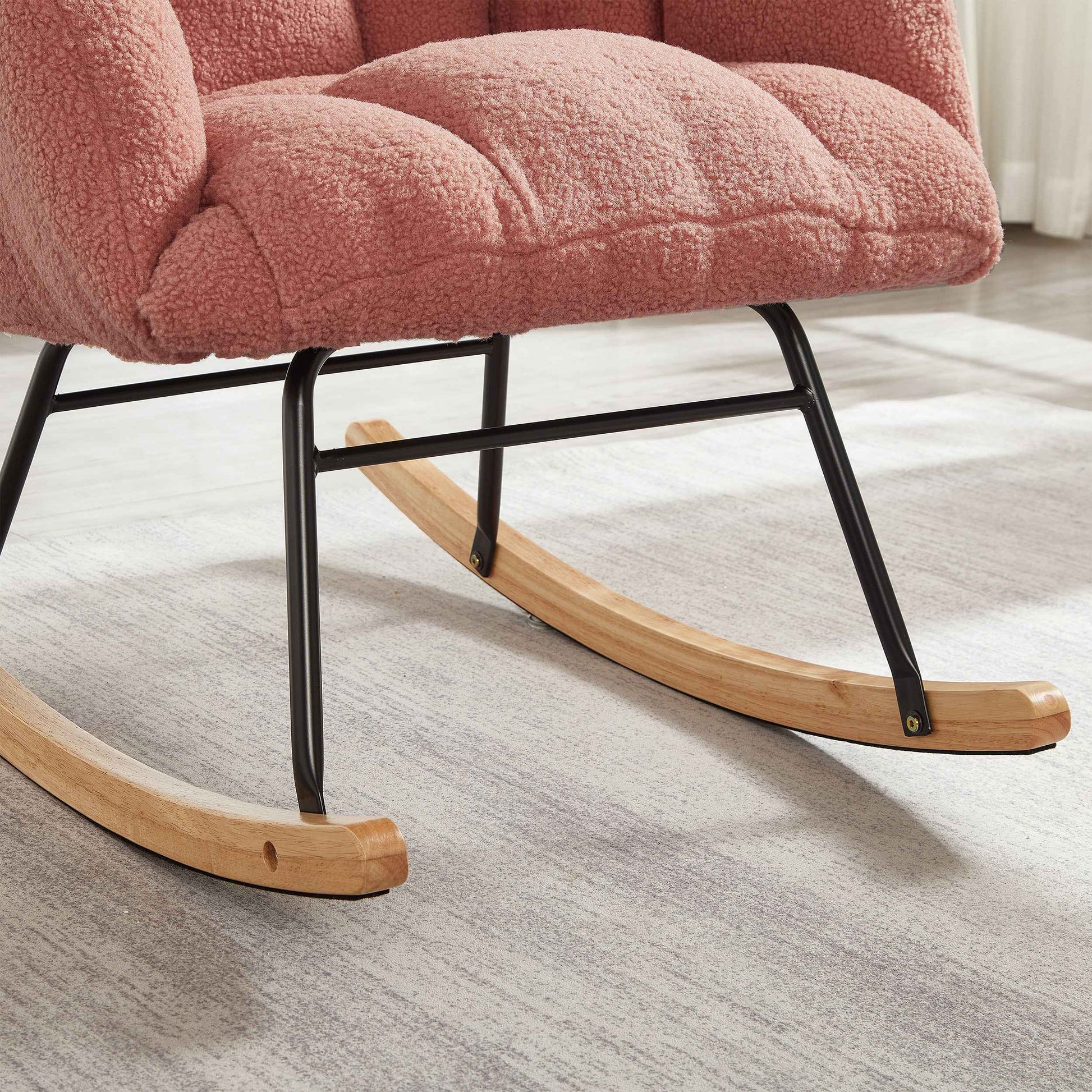 Glider Chair for Living Room Tufted Upholstered Teddy Fabric Rocking Chair with Metal Frame Accent Chair Pink