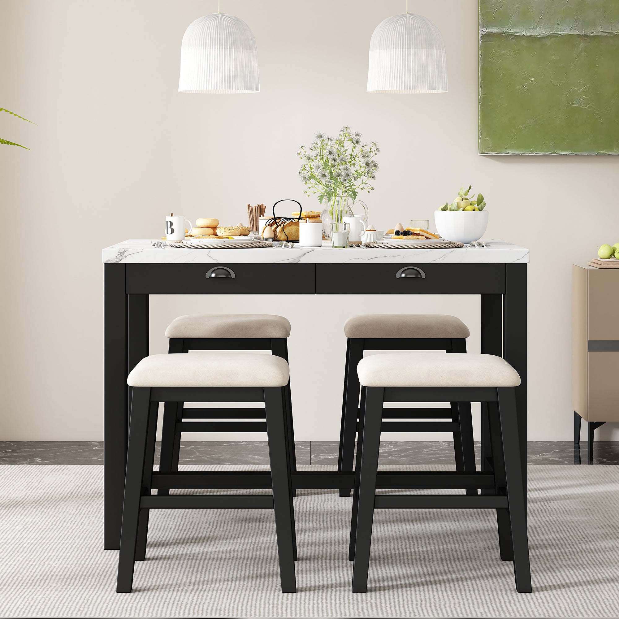 TREXM 3-Piece Modern Faux Marble Versatile Bar Table Set with Storage Drawers and Padded Stools, Ideal for Space-Saving Dining Nooks or Small Kitchens (Black)