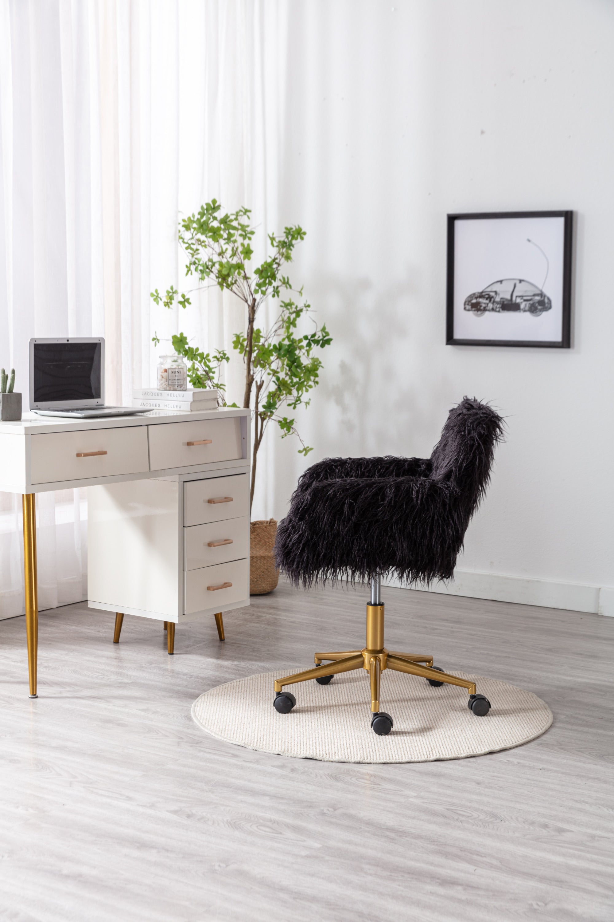 HengMing Modern Faux fur home office chair, fluffy chair for girls, makeup vanity Chair with Gold Plating Base