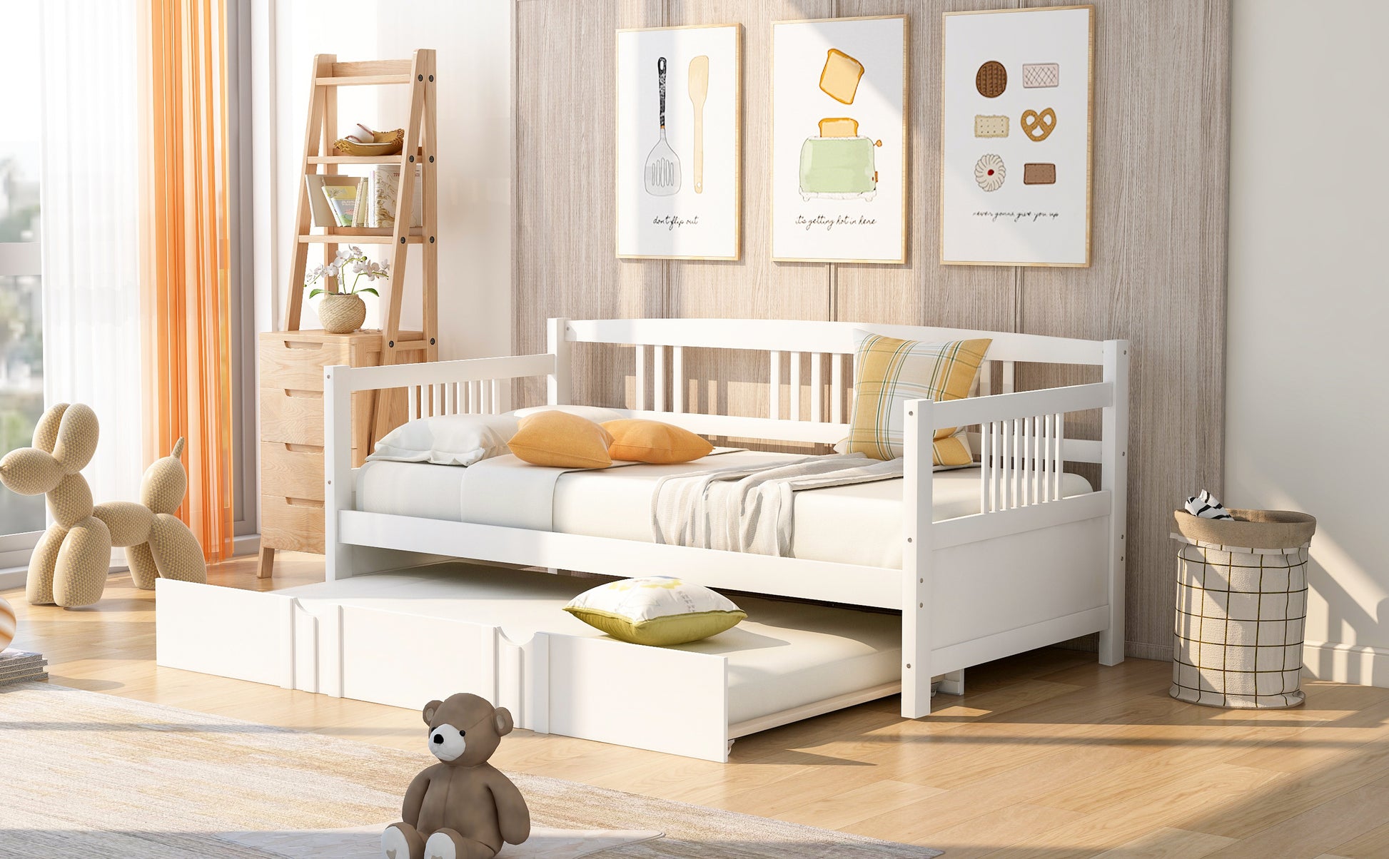Twin Size Daybed Wood Bed with Twin Size Trundle,White - Abrihome
