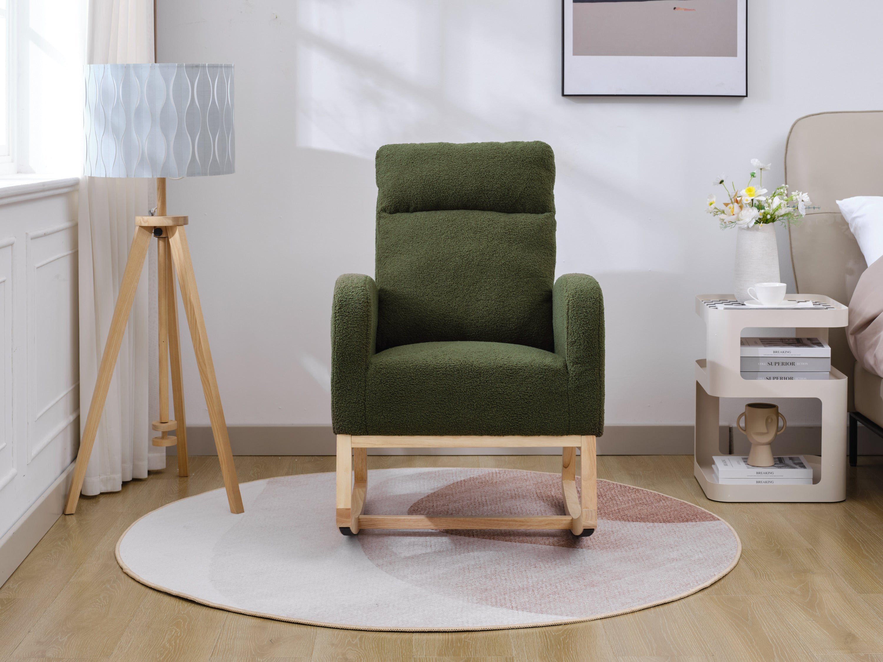 Modern Accent Rocking Chair Rocking Chair with Solid Wood Legs, Upholstered Nursery Glider Rocker, Comfy Armchair with Side Pocket, Living Room Lounge Arm Chair with High Backrest (Dark green,teddy)