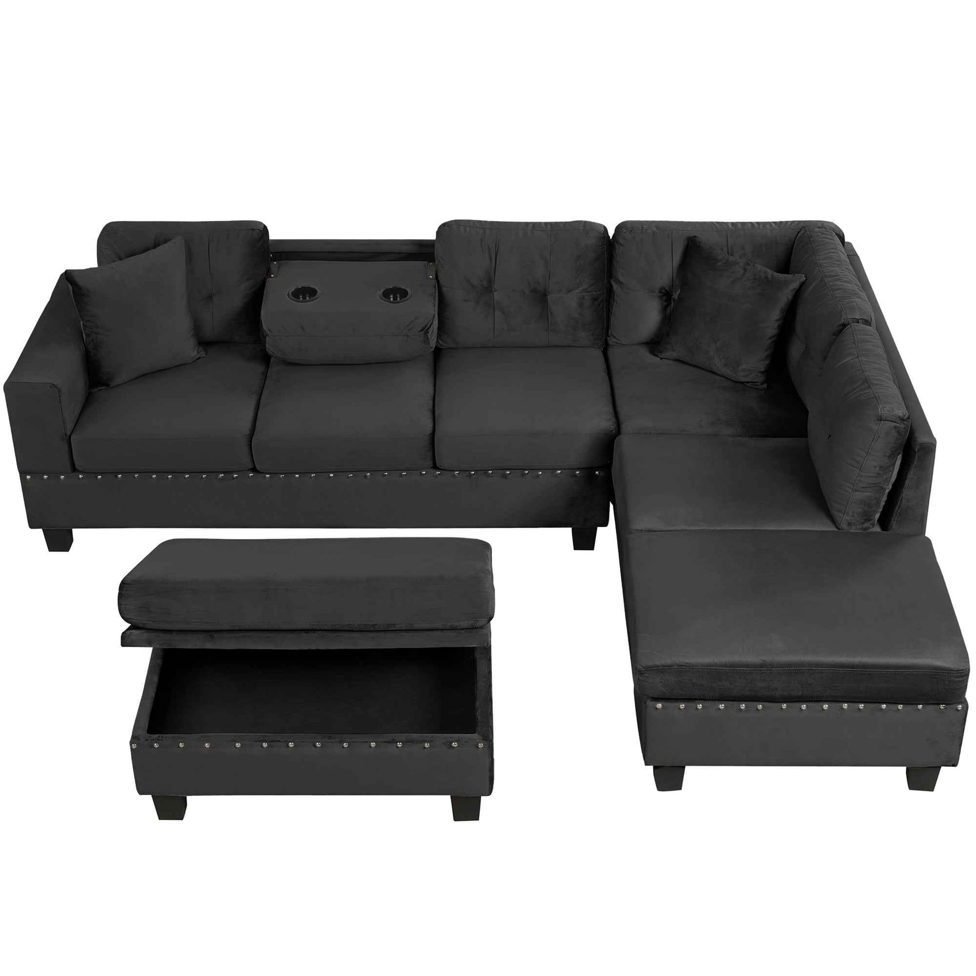 Modern Sectional Sofa with Storage Ottoman, L-Shape Couch with 2 Pillows and Cup Holders, Black Velvet, 105'