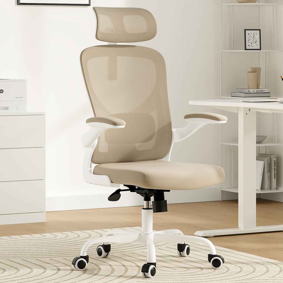 Ergonomic Office Chair, Home Office Desk Chair with Headrest, High Back Computer Chair with Armrests and Adjustable Lumbar Support for Home Office Study Room, White & Khaki