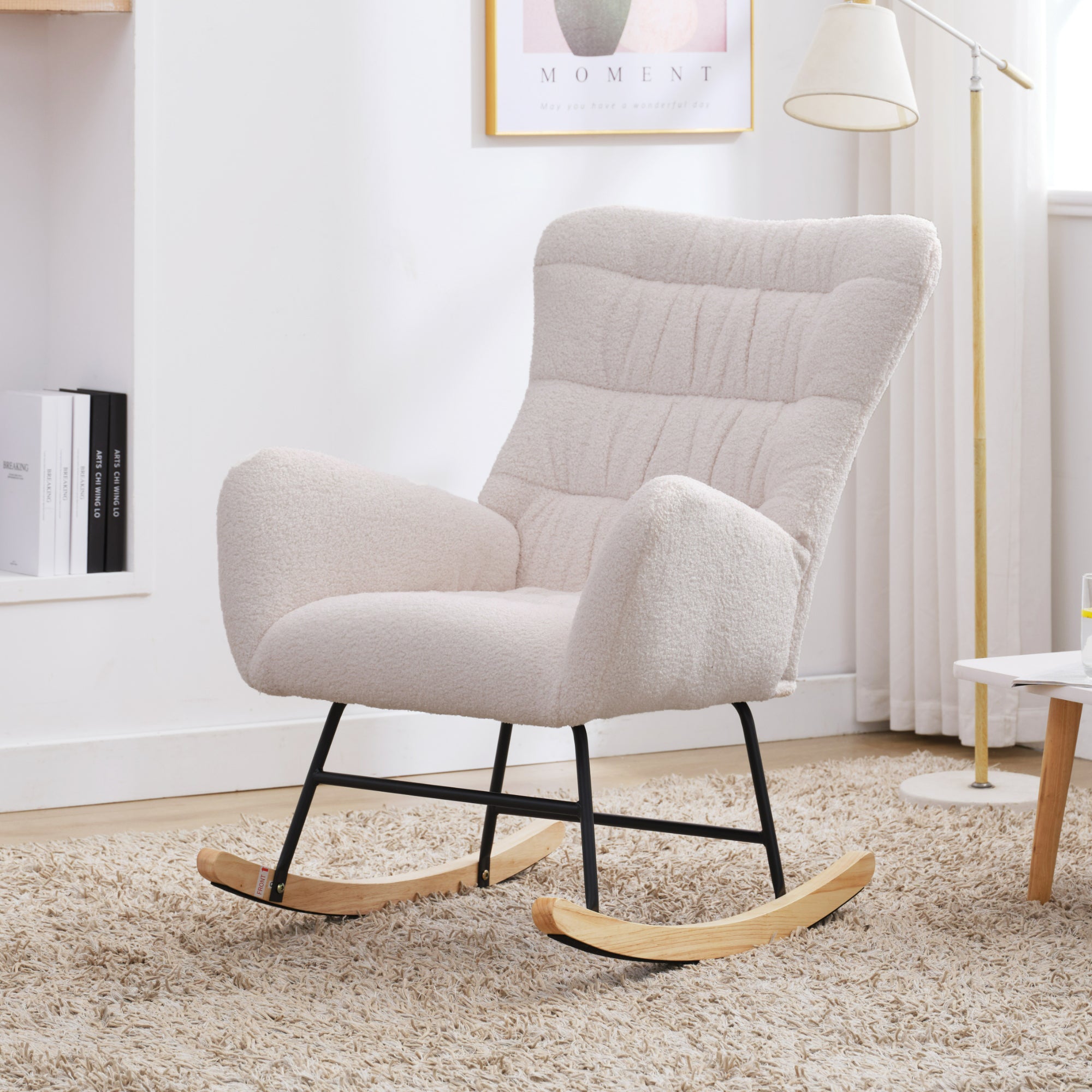 Nursery Rocking Chair, Teddy Upholstered Glider Rocker, Rocking Accent Chair with High Backrest, Comfy Rocking Accent Armchair for Living Room, Bedroom, Offices, WHITE