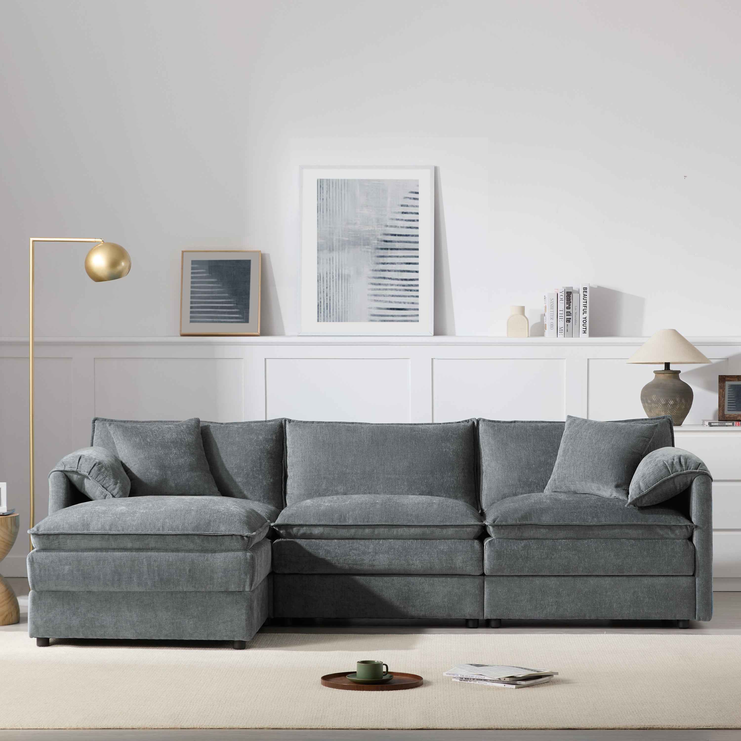 Chenille Modular Sectional Sofa with Deep and Wide Seat in Dark Gray, L Shaped Cloud Couch Set with Double Cushions, 4 Seat Sofa with Movable Ottoman