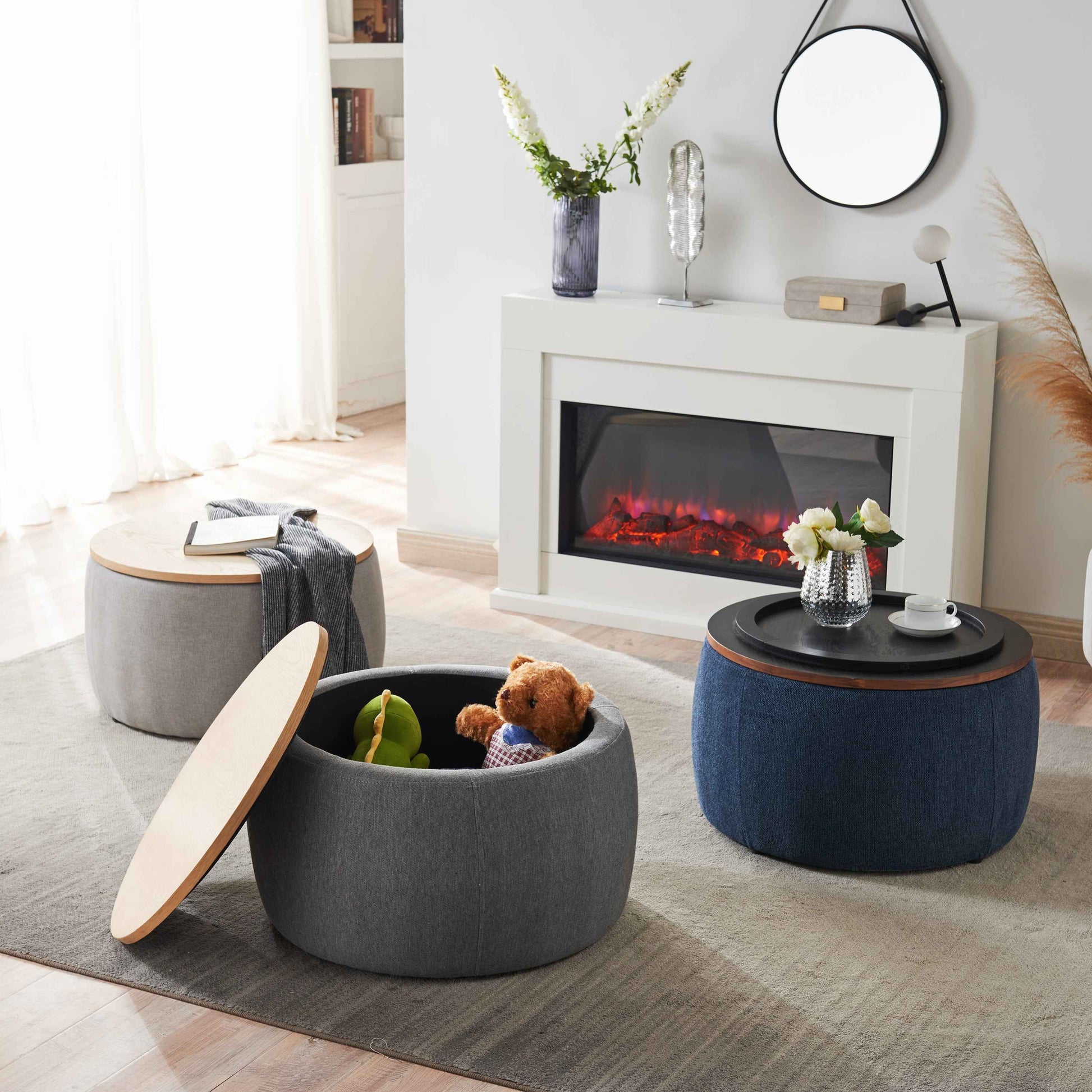 Round Storage Ottoman, 2 in 1 Function, Work as End table and Ottoman, Navy (25.5'x25.5'x14.5')