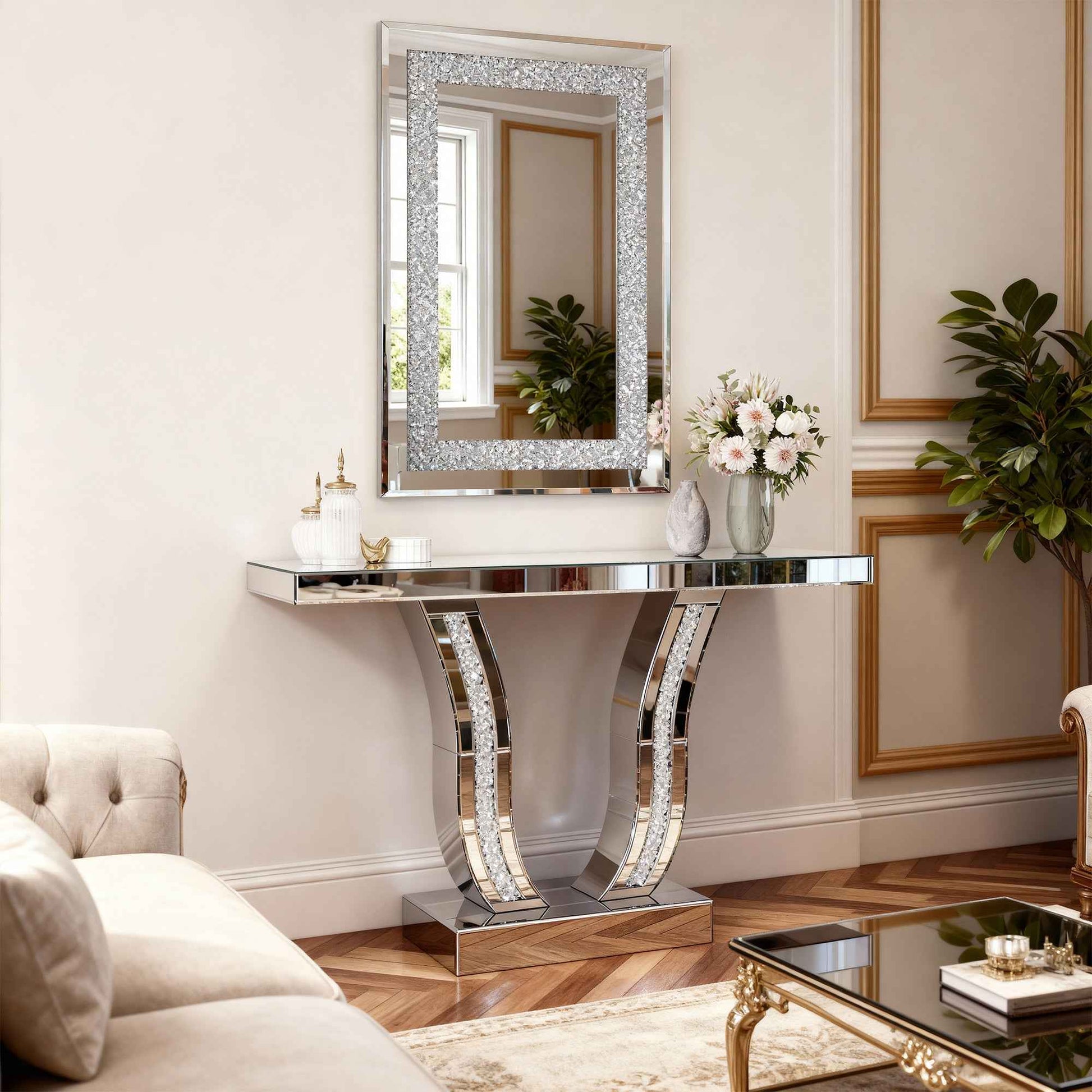 Crystal Crush Diamond Rectangle Silver Mirror for Wall, Large 36x24 Inch Modern Decorative Hanging Mirror with Beveled Edge, for Living Room, Bedroom, Entryway