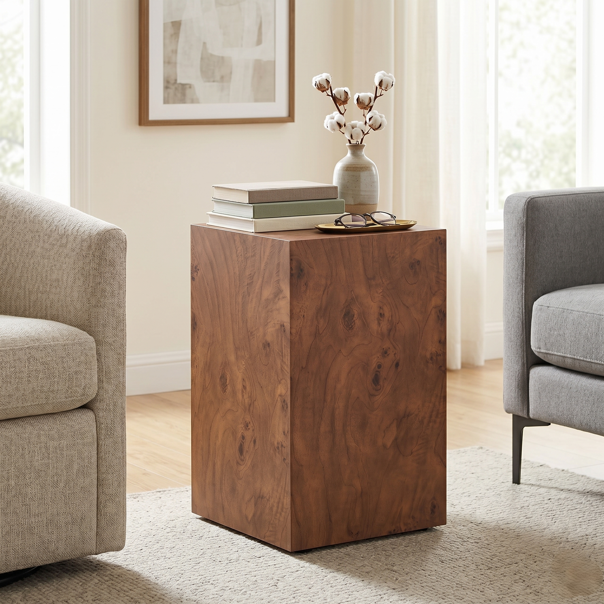 Premium Burl Walnut Veneer MDF Cube Table, Height Adjustable Multi-purpose Coffee Side End Table for Living Room, 11.8'×11.8'×19.7', No Extra Items Included
