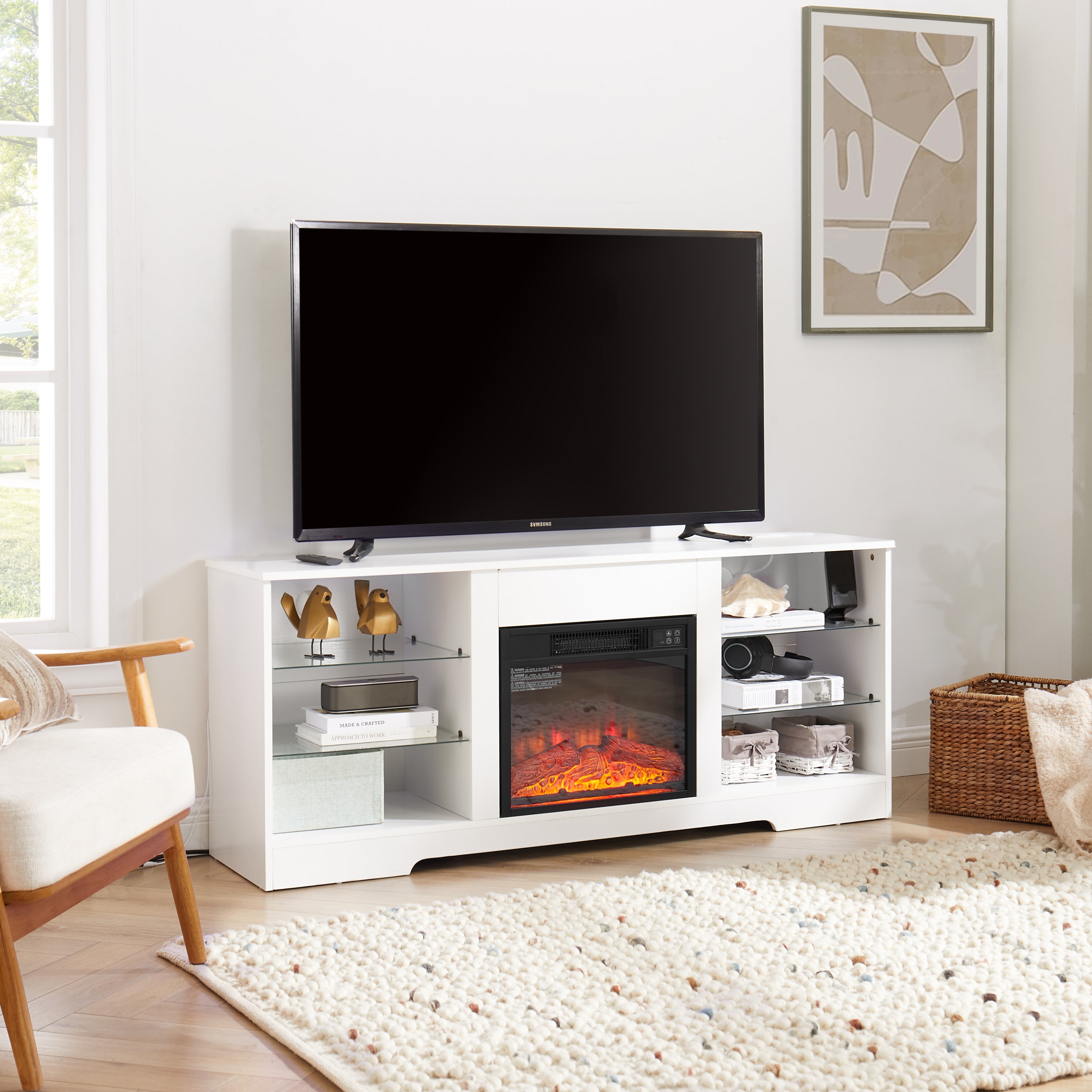 TV Stand Electric Fireplace TV Stand with Glass Shelves, 3D Fireplace TV Stand with LED Lights Wood with USB Charging Outlet Modern Television Table Center for TV up to 32-62" White 58''W*15.5''D*24.4