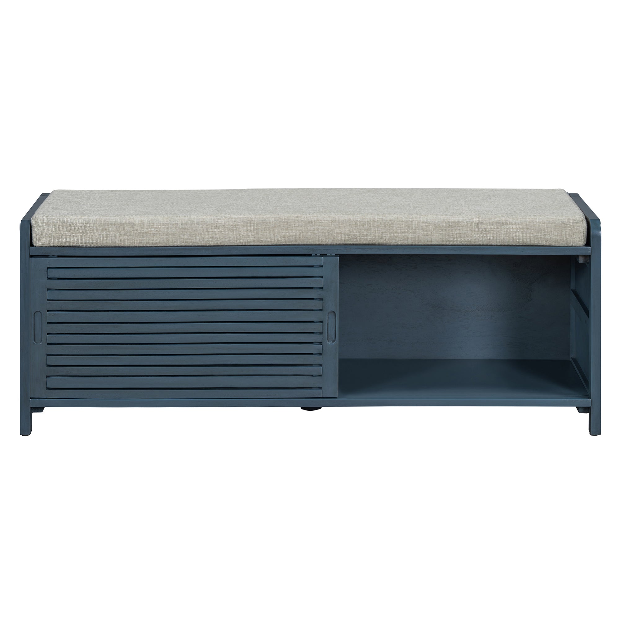 TREXM Distressed Shutter Storage Bench with Acacia Veneer for Retro Charm for Living Room, Entryway (Navy)