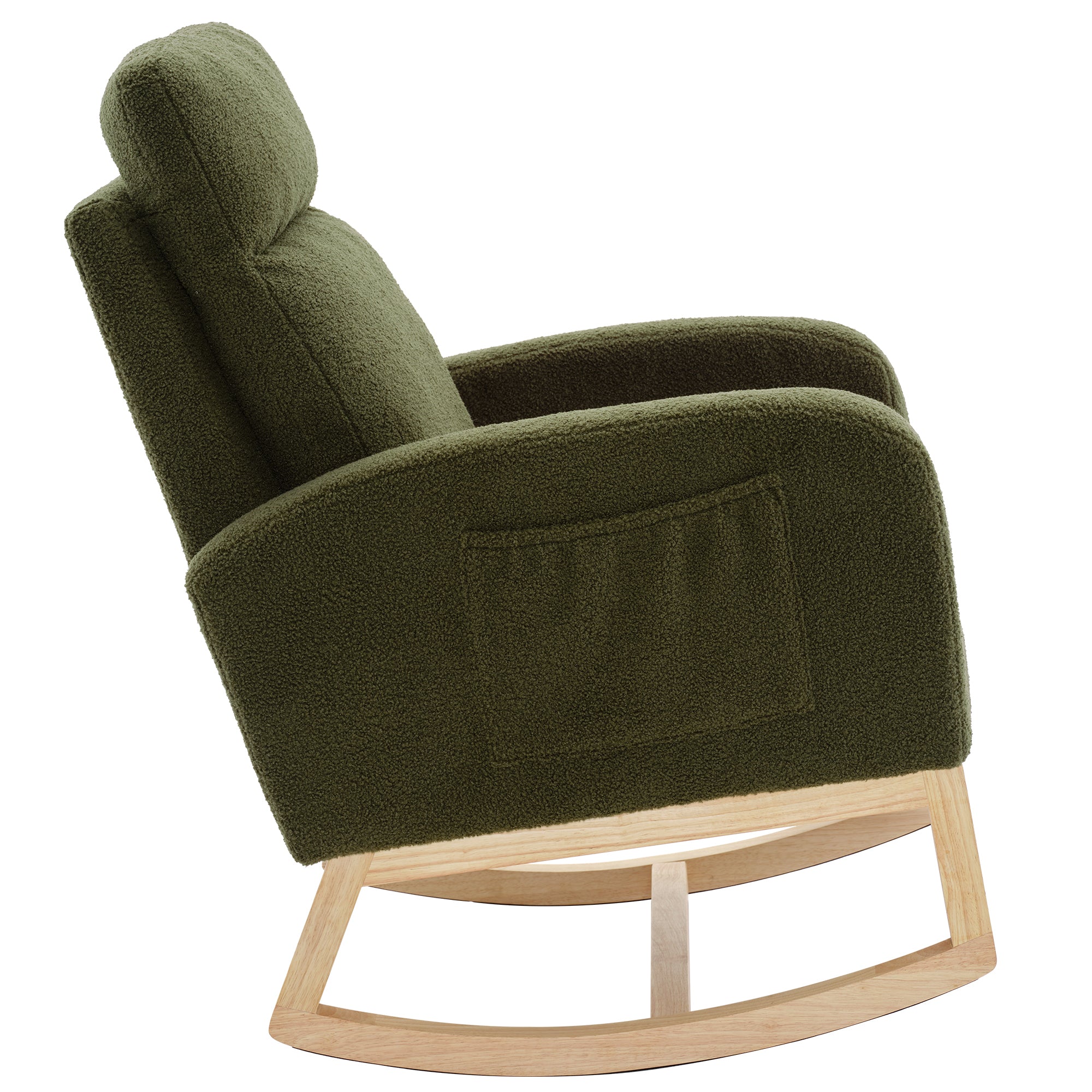 Modern Accent Rocking Chair Rocking Chair with Solid Wood Legs, Upholstered Nursery Glider Rocker, Comfy Armchair with Side Pocket, Living Room Lounge Arm Chair with High Backrest (Dark green,teddy)