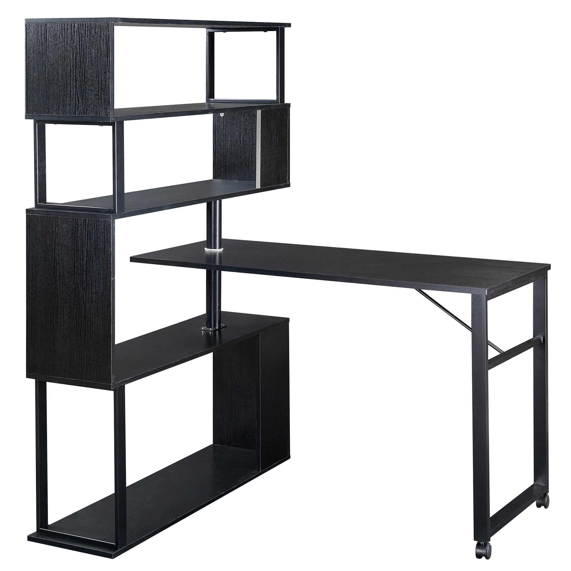 Home Office Computer Desk L-Shaped Corner Table, Rotating Computer Table with 5-Tier Bookshelf, Four Installation Methods, Lockable Casters (Black) - Abrihome