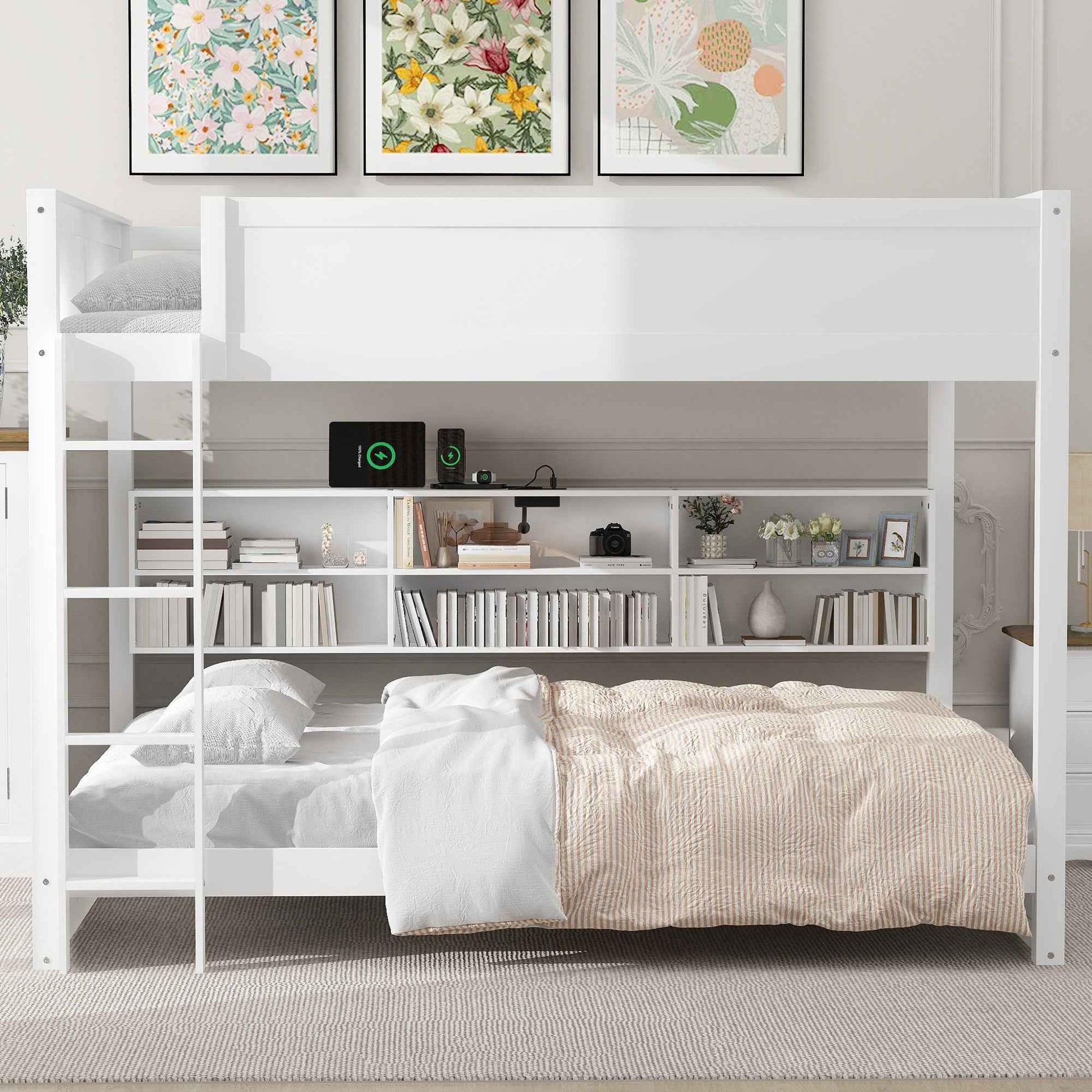White Queen over Queen Bunk Bed with Storage Cabinets and USB Ports, Pine Wood+MDF