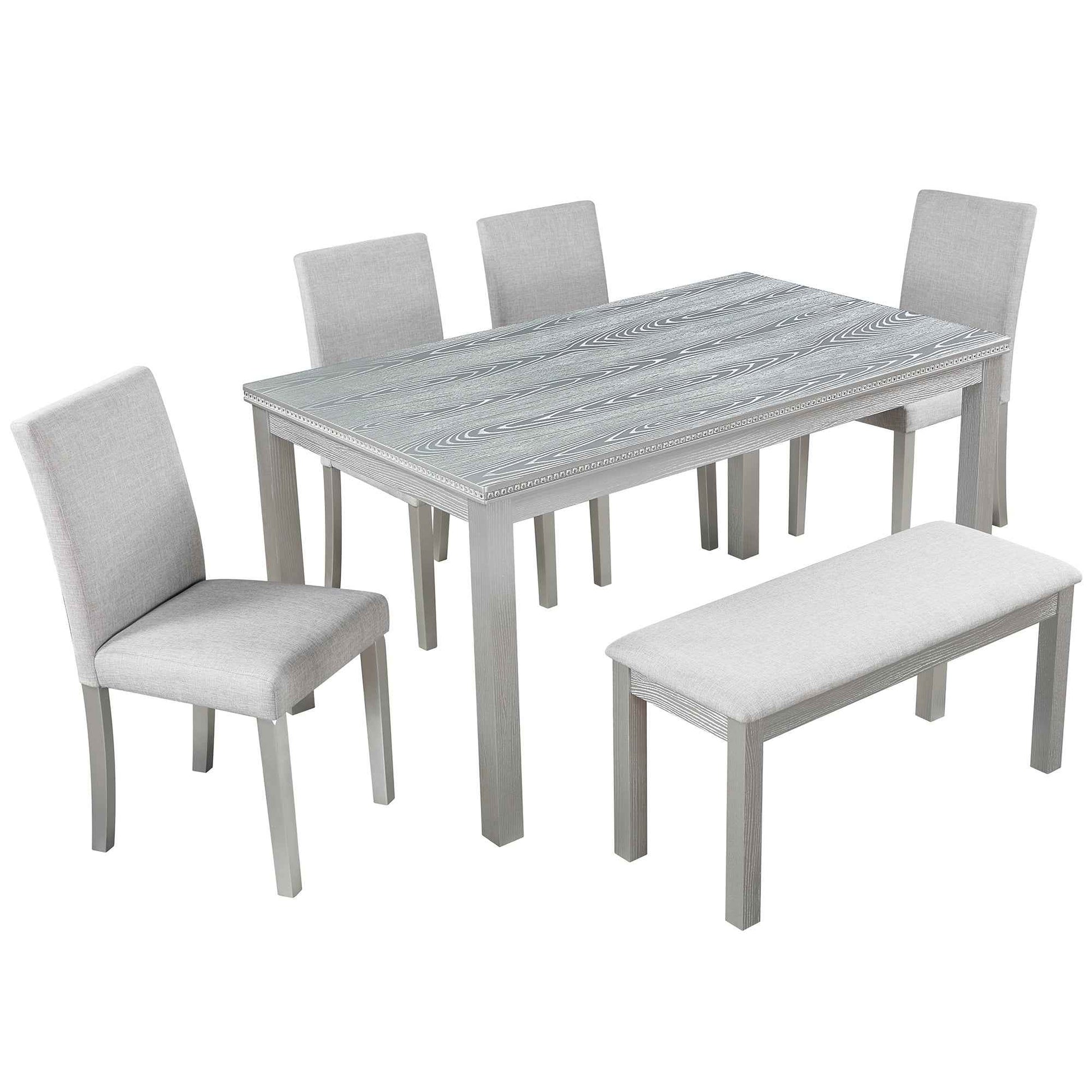 6 Piece Wooden Dining Table Set, Wooden Dining Table with 4 Upholstered Chairs and Bench for 6 People, Rectangular Dining Table Set with Crystal Decoration for Kitchen, Dining Room, Silver grey