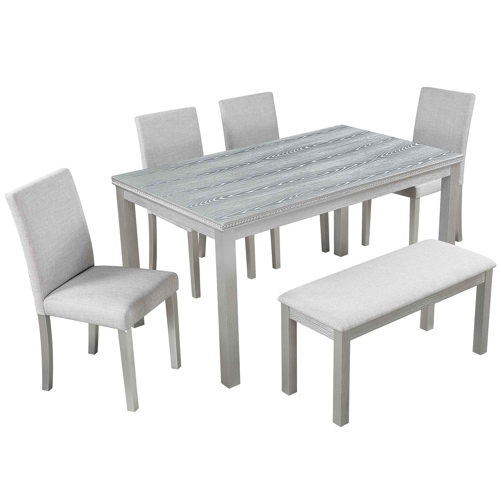 6 Piece Wooden Dining Table Set, Wooden Dining Table with 4 Upholstered Chairs and Bench for 6 People, Rectangular Dining Table Set with Crystal Decoration for Kitchen, Dining Room, Silver grey