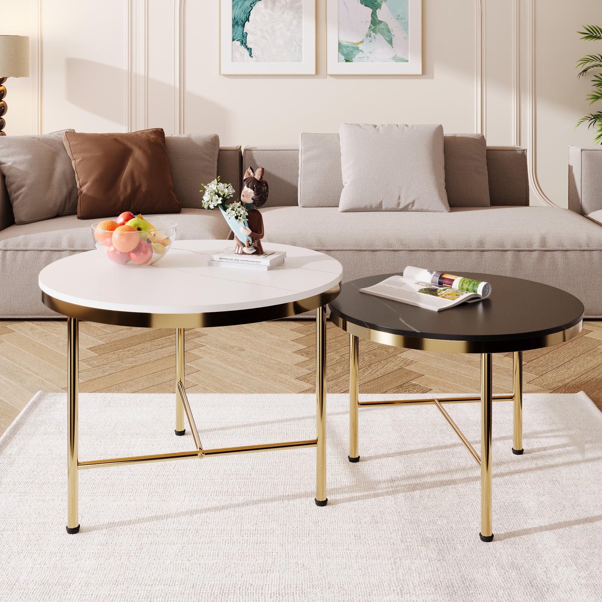 Modern Round Nesting Coffee Table Set 2-Piece Black & White Sintered Stone Top Gold Base in 23.6''&17.7''