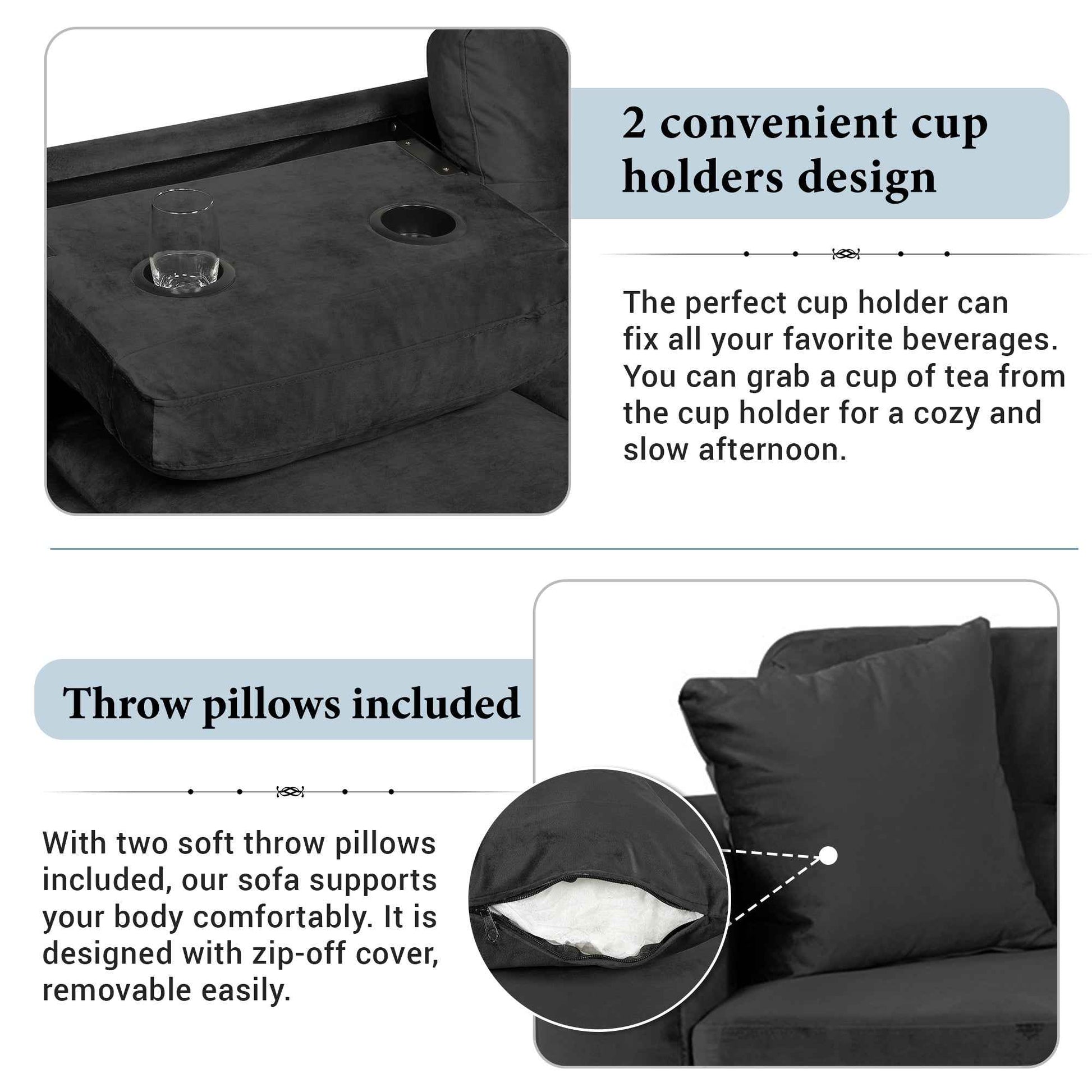 Modern Sectional Sofa with Storage Ottoman, L-Shape Couch with 2 Pillows and Cup Holders, Black Velvet, 105'