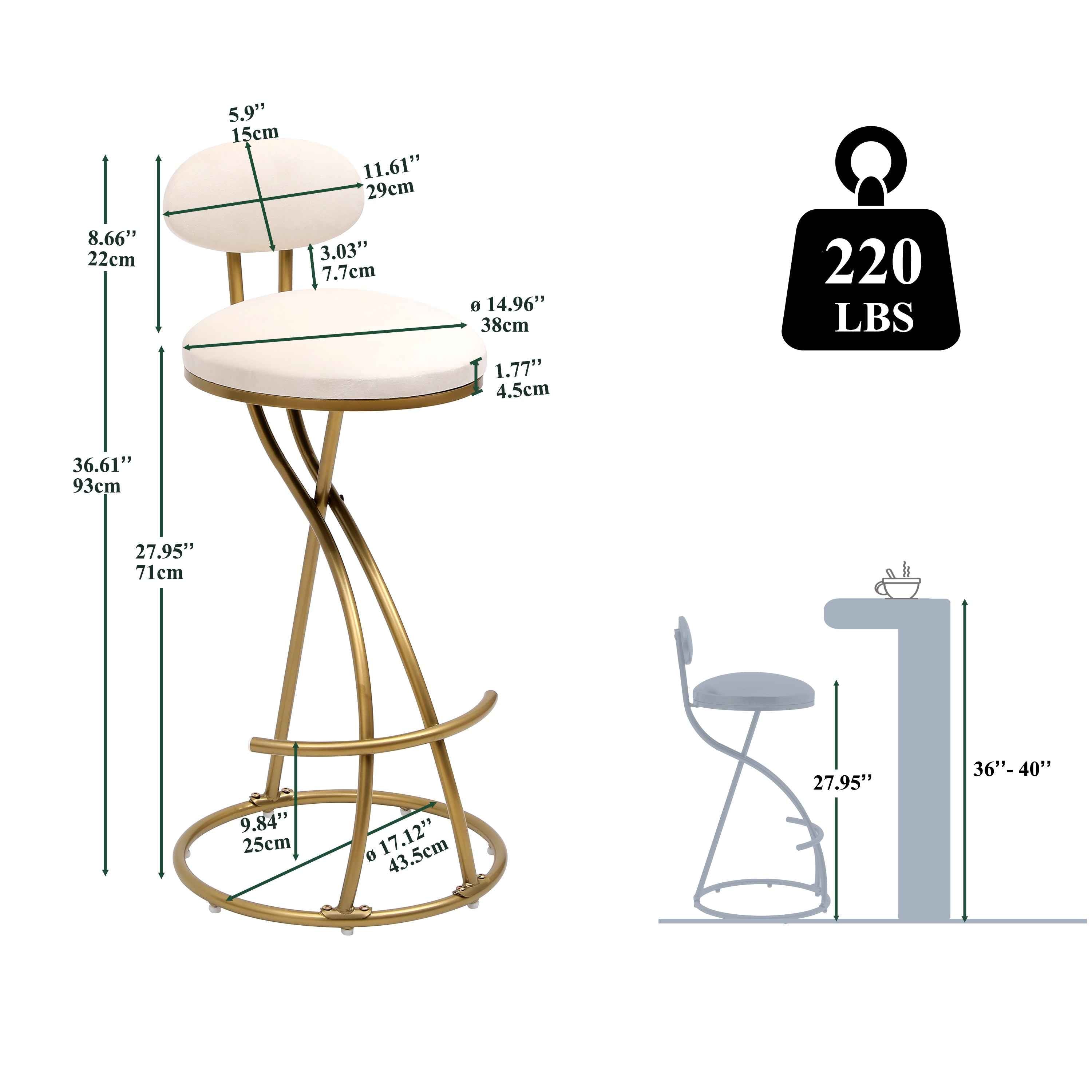 Round Bar Stool Armless Velvet Barstools with Back Set of 2, Gold & Creamy White