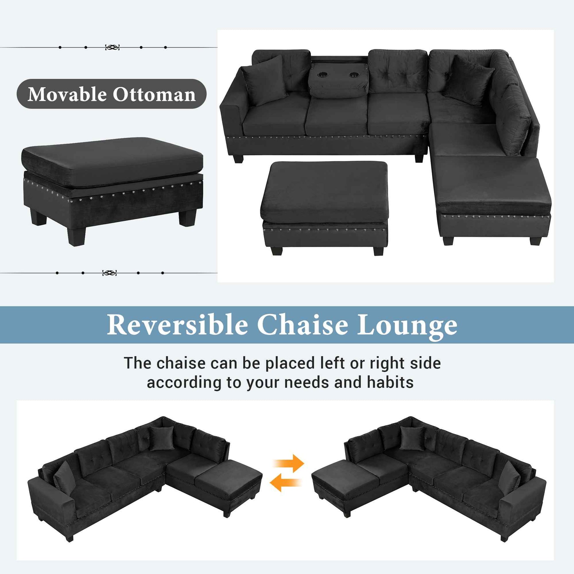 Modern Sectional Sofa with Storage Ottoman, L-Shape Couch with 2 Pillows and Cup Holders, Black Velvet, 105'