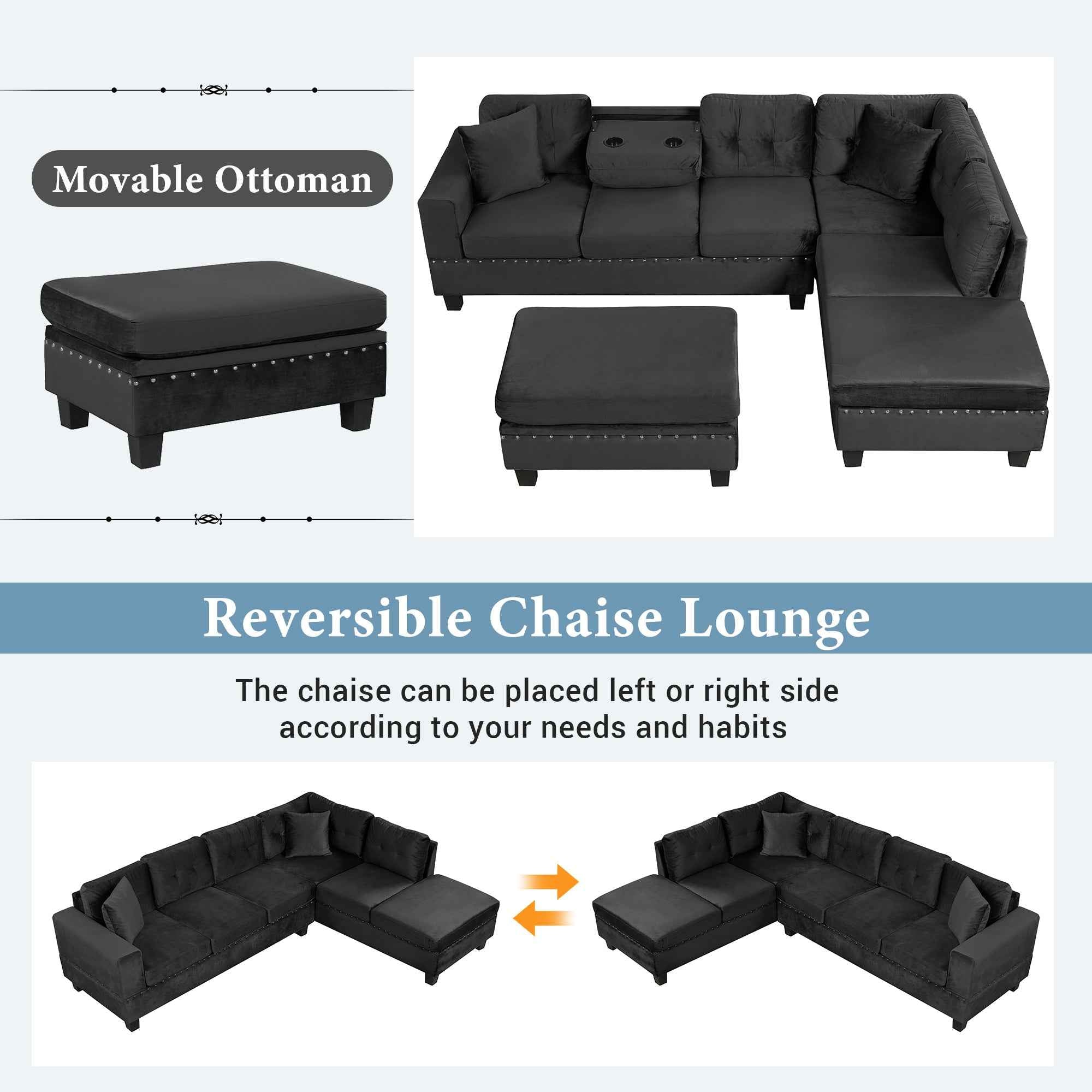 Modern Sectional Sofa with Storage Ottoman, L-Shape Couch with 2 Pillows and Cup Holders, Black Velvet, 105'