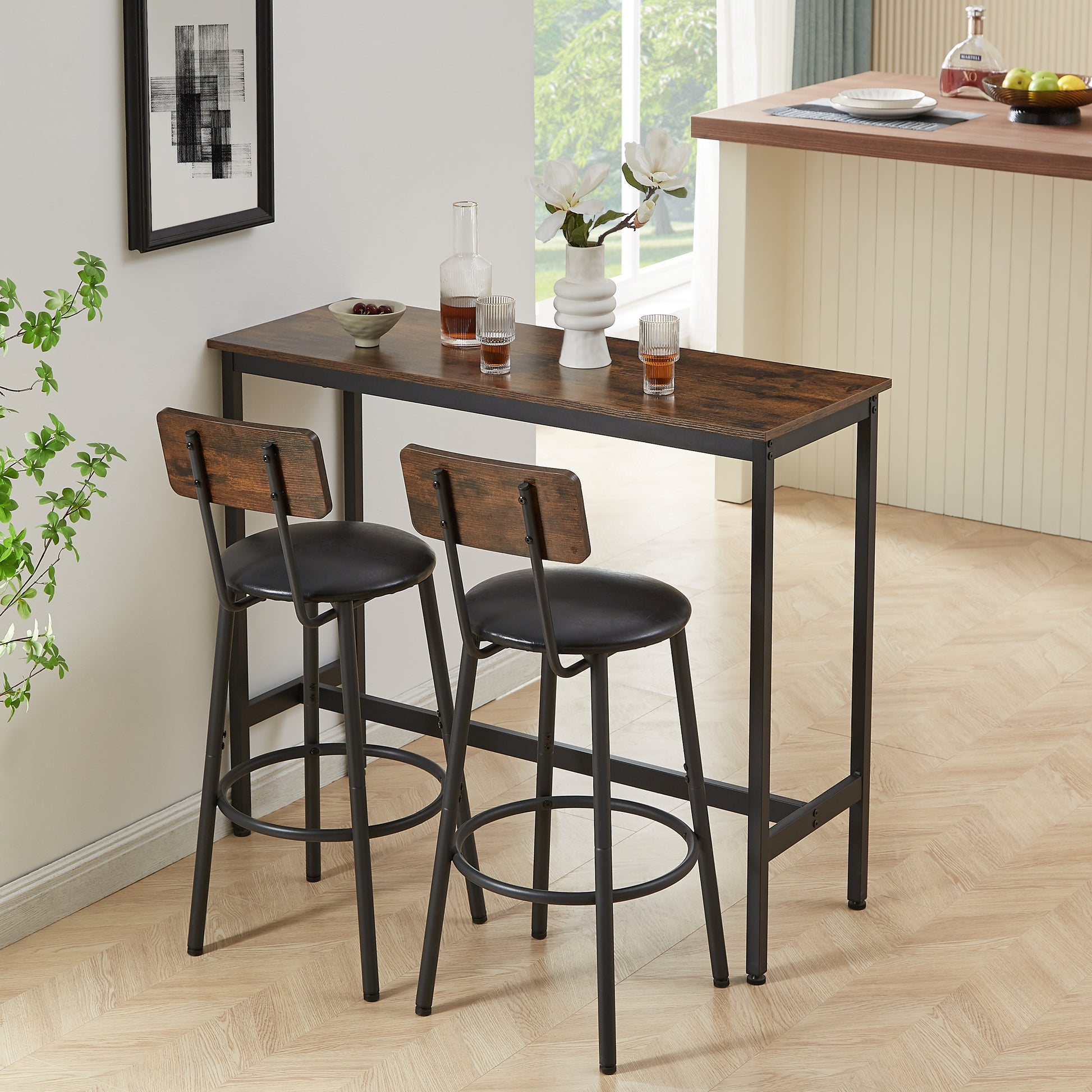 Bar Table Set with 2 Bar stools PU Soft seat with backrest, Rustic Brown, 43.31'' L x 15.75'' W x 35.43'' H. - Abrihome