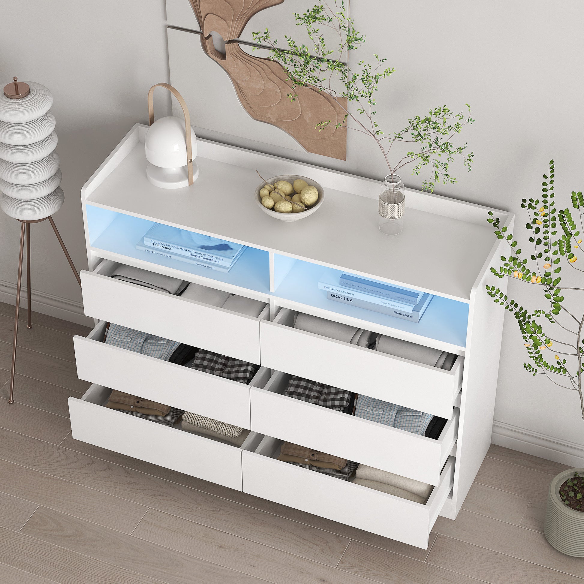 6 Drawer Dresser, White Dresser for Bedroom with LED Lights, Modern Dressers & Chests of Drawers with Sturdy Frame for Living Room, Entryway, Hallway - Abrihome