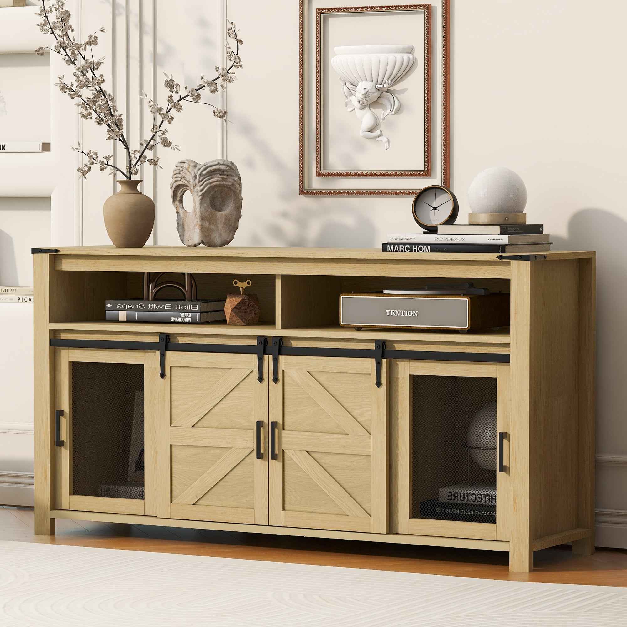 U_STYLE 59.3''Sideboard with Sliding Barn Door and Mesh Panels,Farmhouse Buffet with Open Storage,Suitable for Living Room, Hallway, Balcony,Kitchen, Office