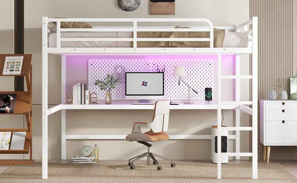 Metal Queen Size Loft Bed with Power Outlet and LED Lighted, Space-Saving, Noise Reduced, White