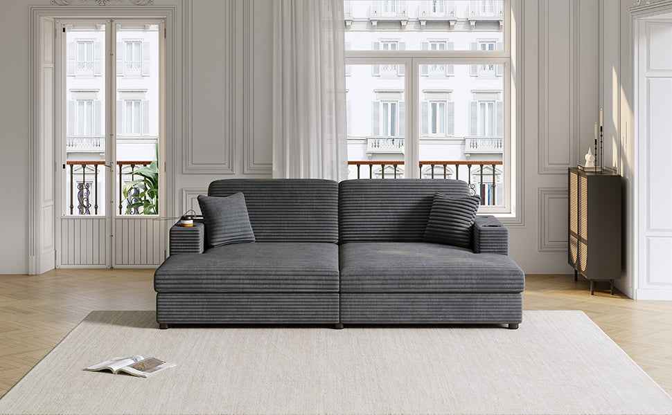 Oversized Loveseat Chaise Lounge Sectional Sofa Bed with USB Ports, Cup Holders, Throw Pillows, Dark Gray Corduroy, 86.5'