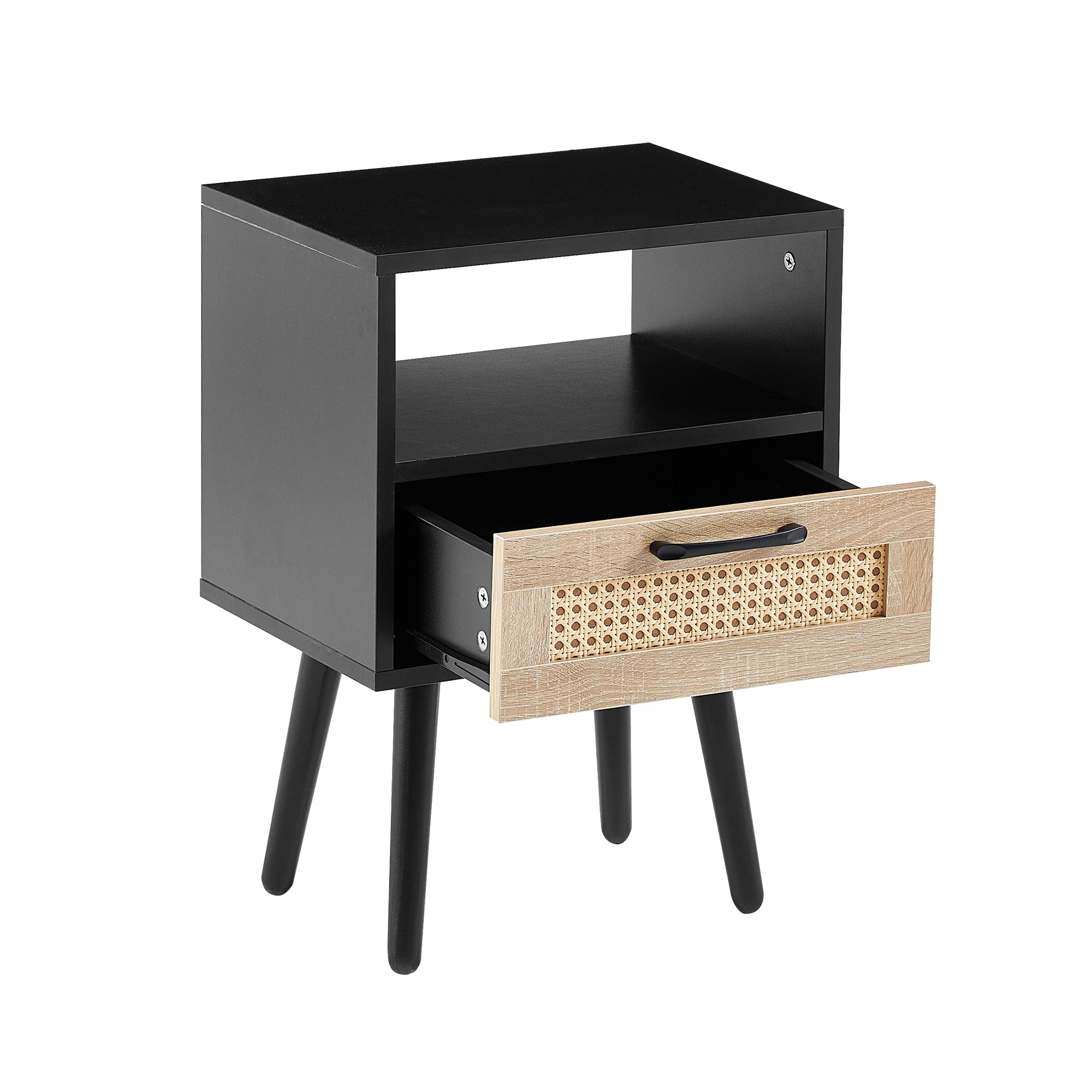 15.75" Rattan End table with  drawer and solid wood legs, Modern nightstand, side table for living room, bedroom, black