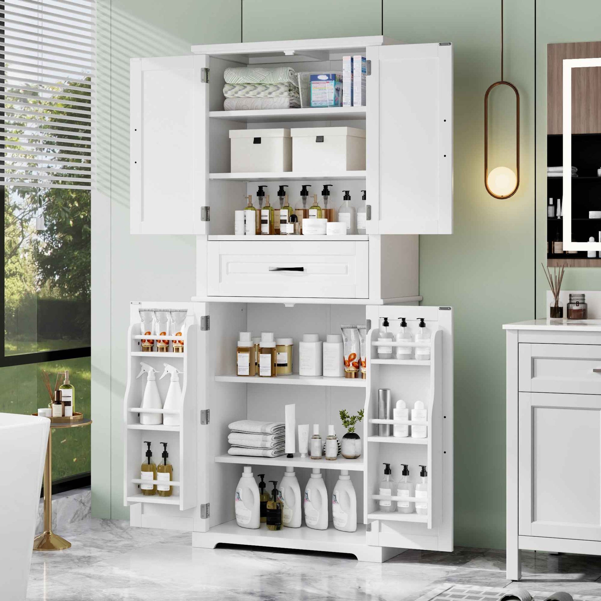 Bathroom Storage Cabinet with Multi-Functional Storage Space, Drawer with Slide Rails, Adjustable Shelf, White MDF