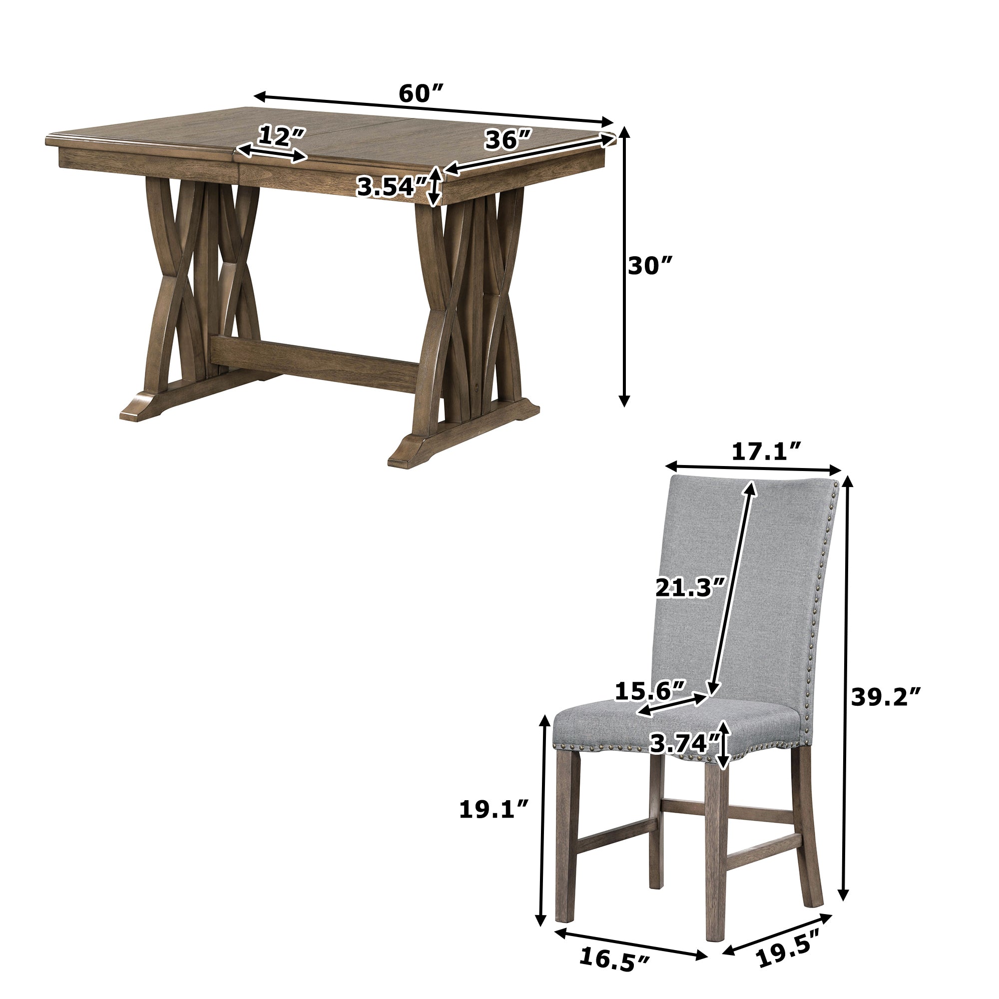 TOPMAX Mid-Century Solid Wood 7-Piece Dining Table Set Extendable Kitchen Table Set with Upholstered Chairs and 12" Leaf for 6, Golden Brown+Gray Cushion