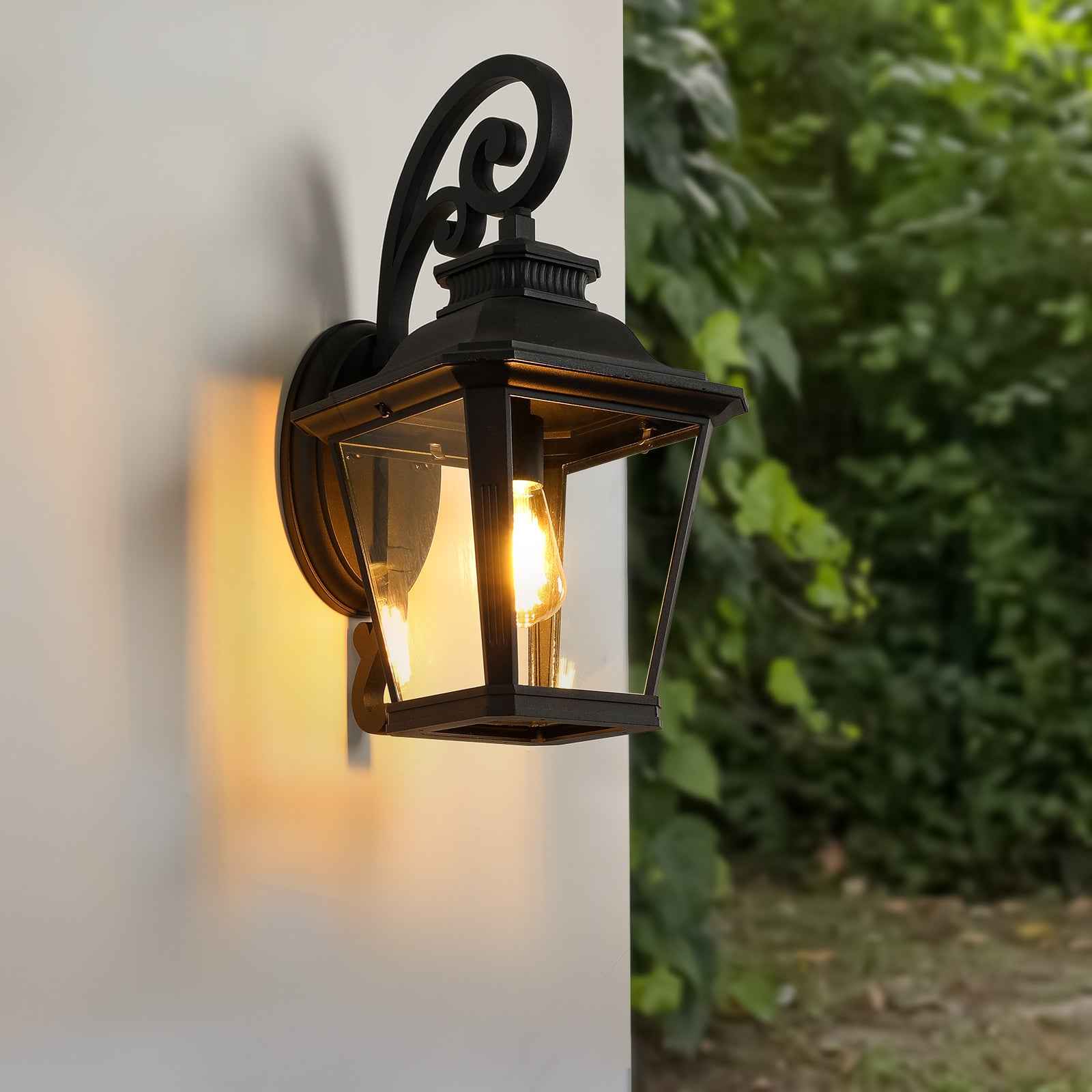 21'(H) 1-Pack Outdoor Wall Lantern Light – Vintage Black Metal & Clear Glass Sconce with Decorative Scroll Design for Porch, Patio, and Garden Lighting (Bulb Not Included)
