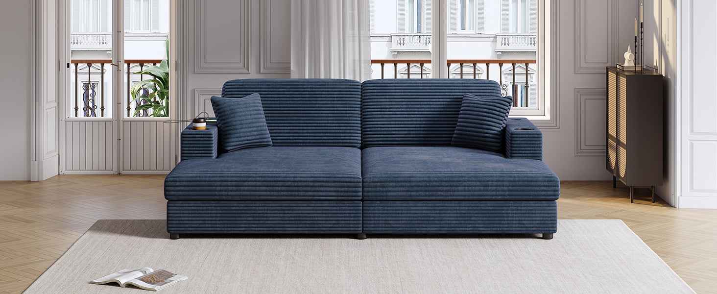 Oversized Loveseat Chaise Lounge Sectional Sofa Bed with USB Ports, Cup Holders, and Throw Pillows, Blue Corduroy