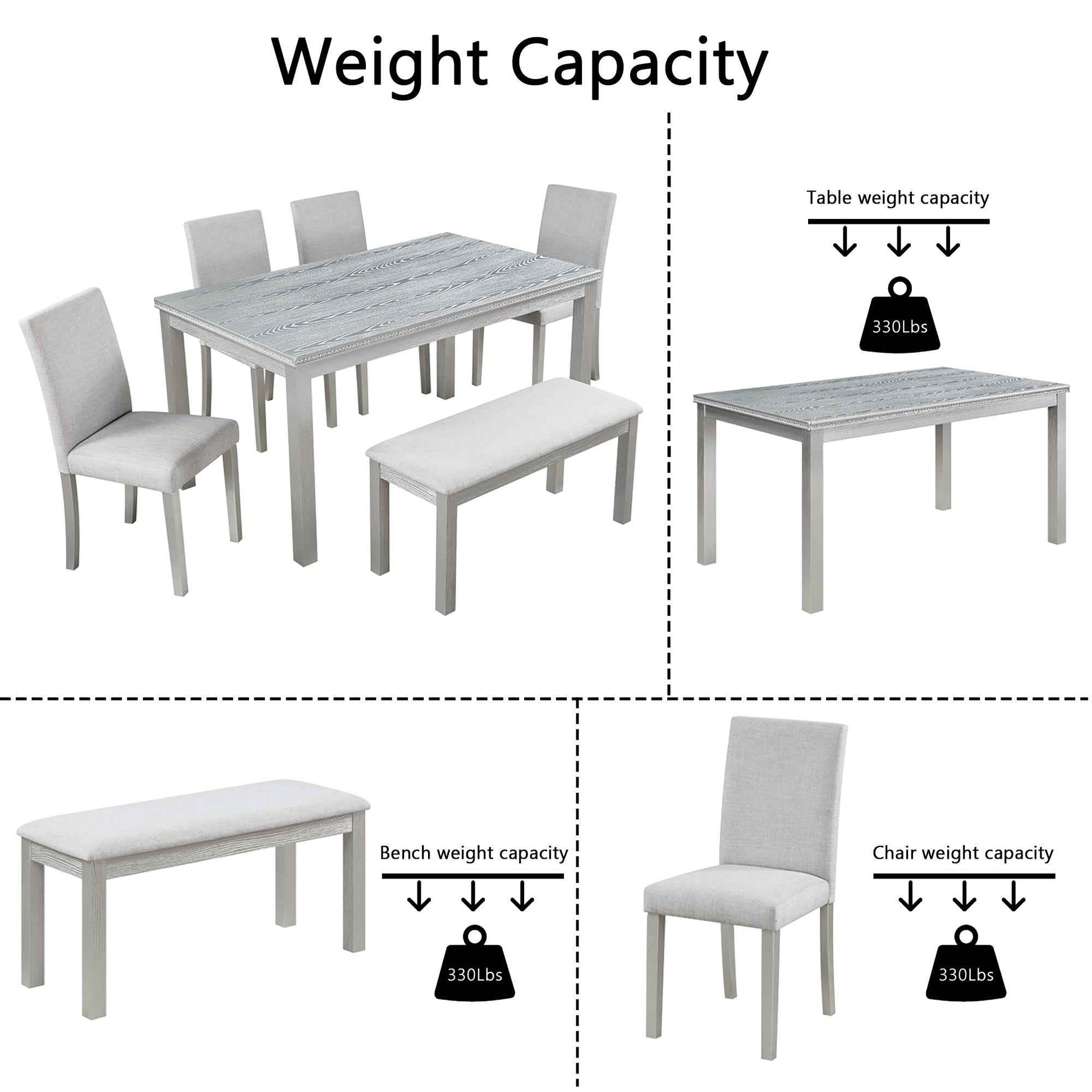 6 Piece Wooden Dining Table Set, Wooden Dining Table with 4 Upholstered Chairs and Bench for 6 People, Rectangular Dining Table Set with Crystal Decoration for Kitchen, Dining Room, Silver grey