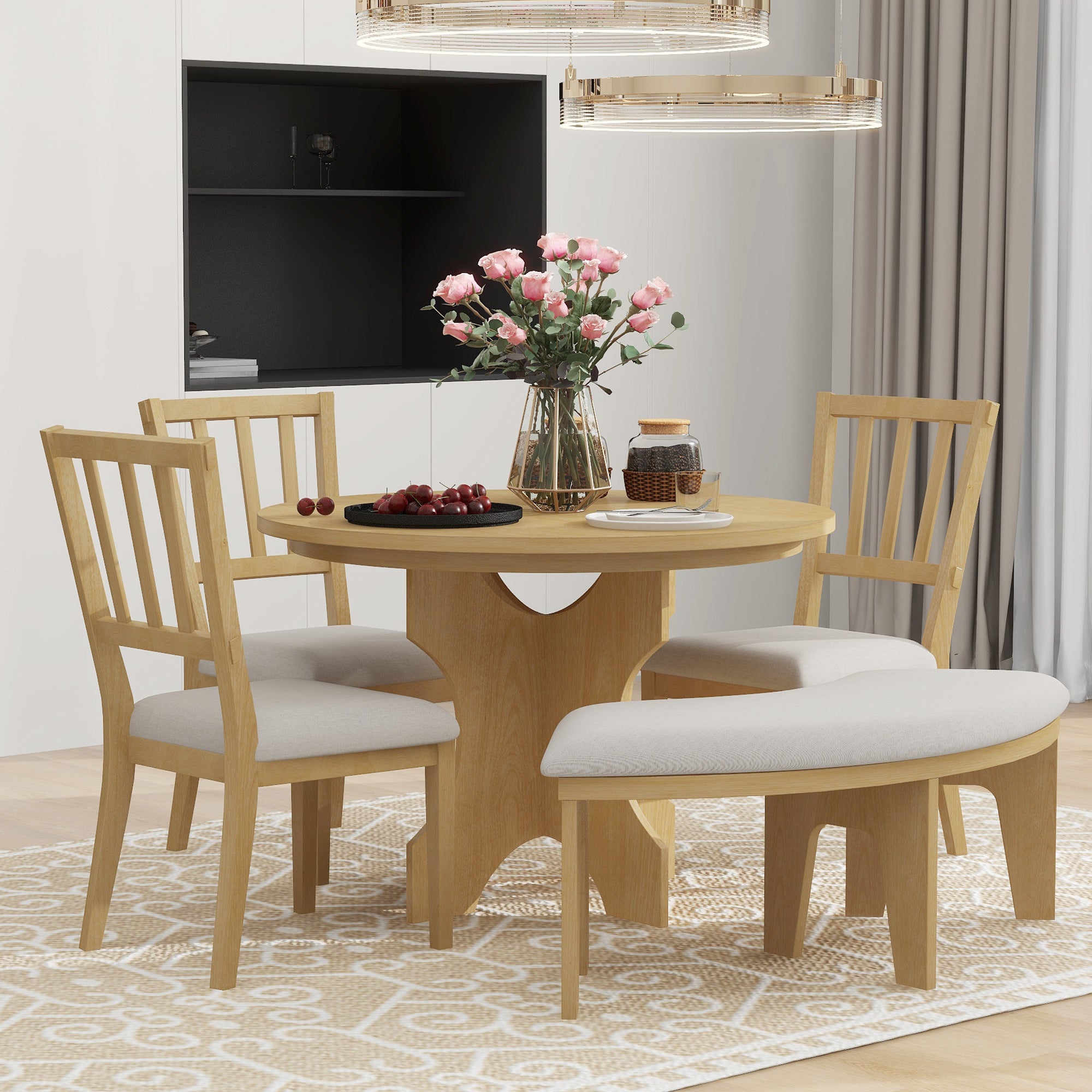 TREXM 5-piece Rustic Charm Round Dining Set with 3 Upholstered Chairs and Curved Bench for Dining Room, Kitchen and Living room (Natural)