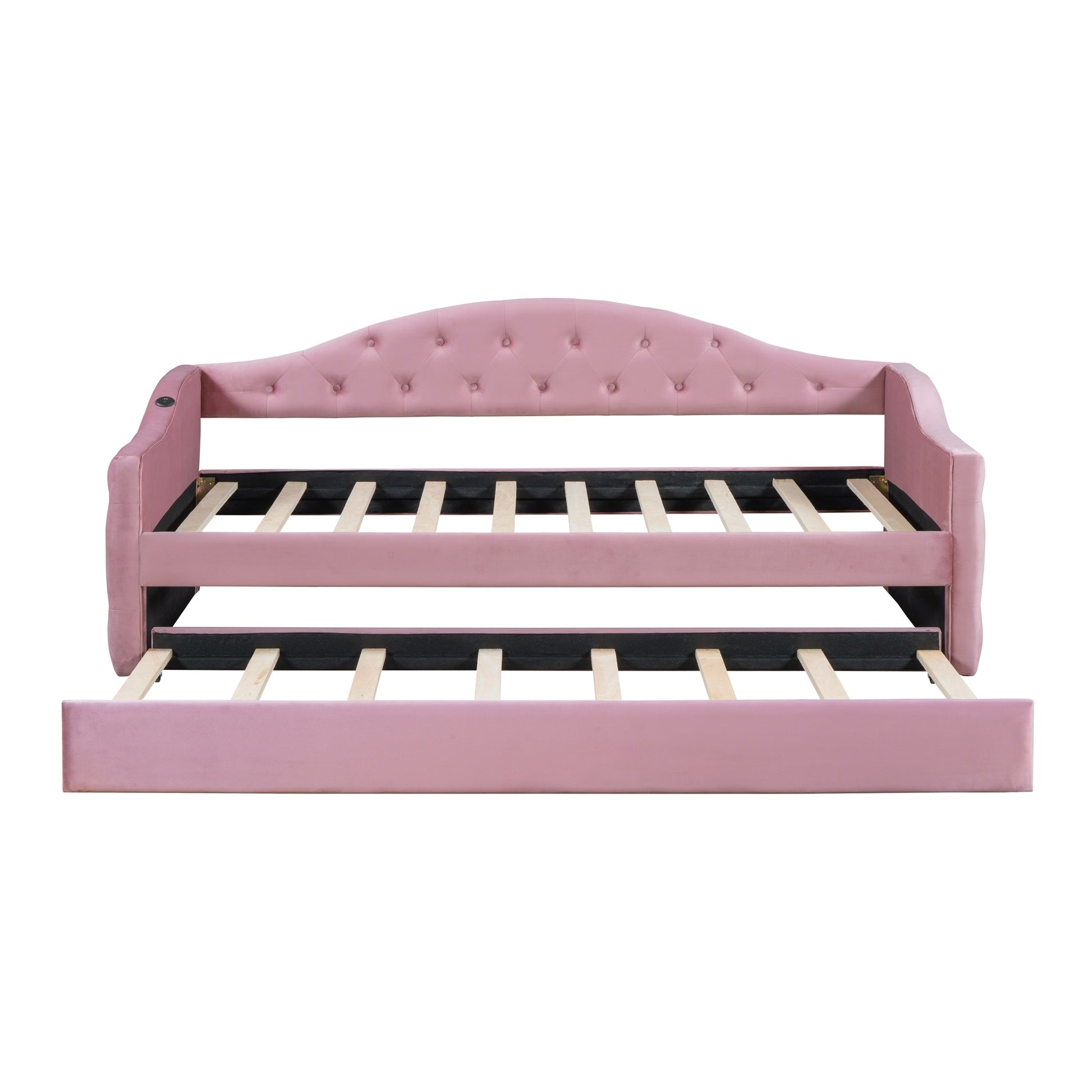 Twin Size Tufted Upholstered Daybed with Trundle ,Velvet Sofabed with USB&Type-C Charging Ports,No Box-spring Needed, Pink - Abrihome