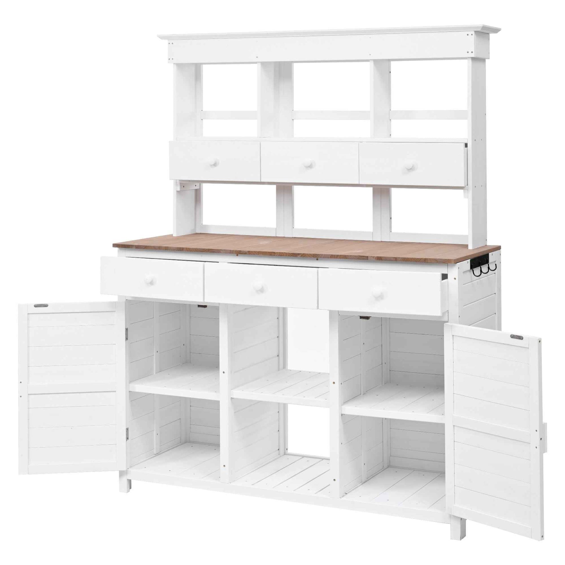 [Assembly Video Provided] TOPMAX 65.7'' H Tall Garden Potting Bench Table with Hutch,Patio Storage Workstation with 3 Shelves,6 Drawers,2 Bottom Cabinets&Side Hooks for Mudroom,Doorway, White