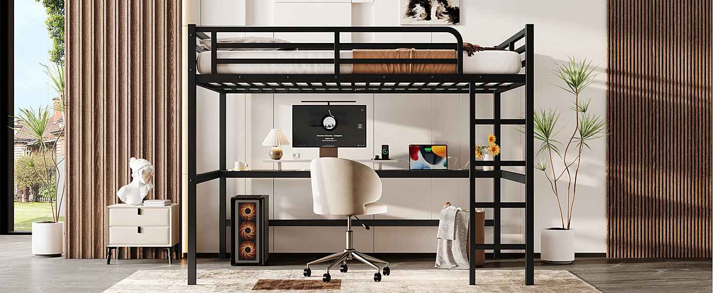 Metal Queen Size Loft Bed with Power Outlet and LED Lighted, Space-Saving, Noise Reduced, Black