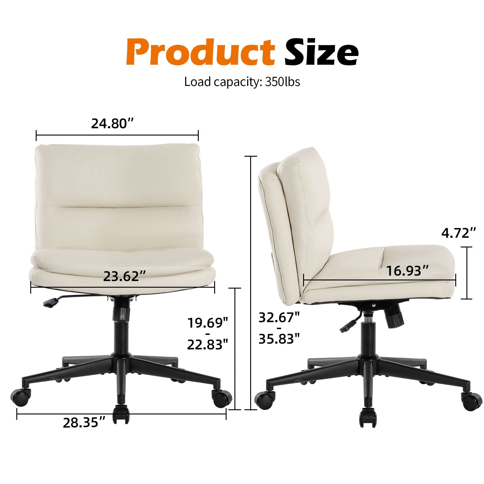 Office Chair Armless Desk Chair with Wheels, PU Padded Wide Seat Home Office Chairs, 120° Rocking Mid Back Cute Computer Chair for Bedroom, Vanity, Makeup