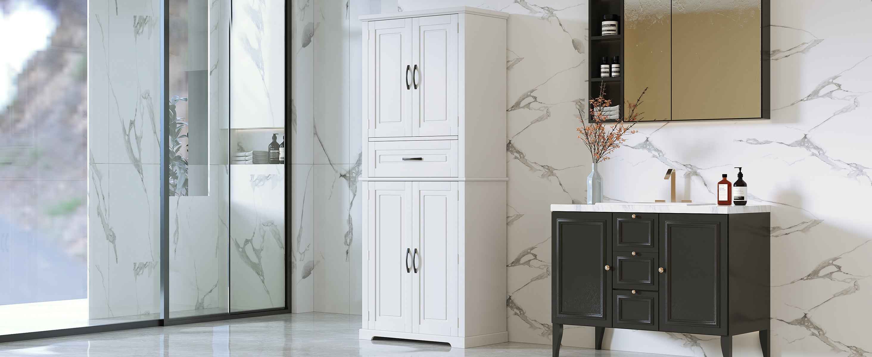 Bathroom Storage Cabinet with Multi-Functional Storage Space, Drawer with Slide Rails, Adjustable Shelf, White MDF