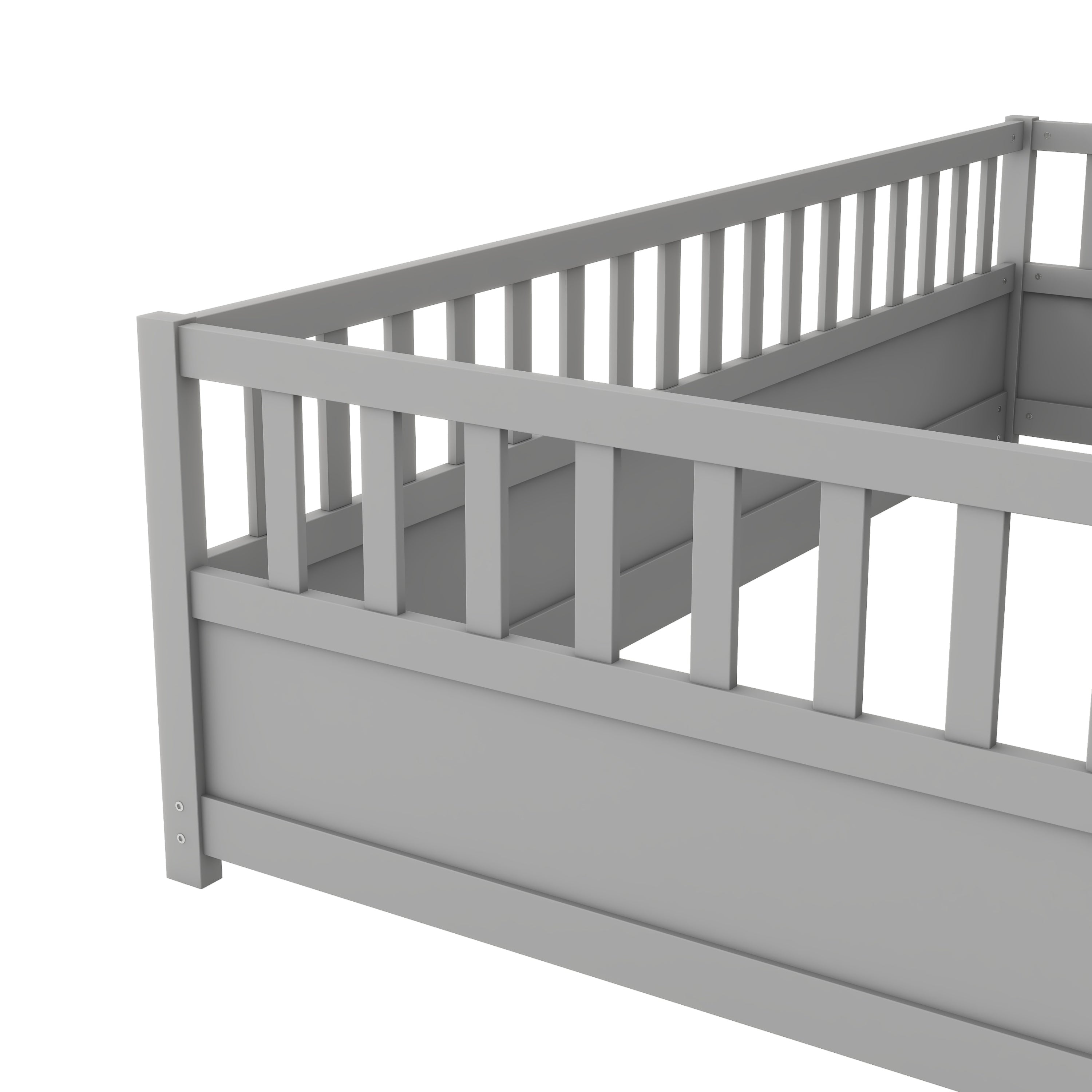 Twin Size Floor bed, integral construction with super high security barrier, door, children's floor bed frame, Montessori wooden children's floor bed,  Grey