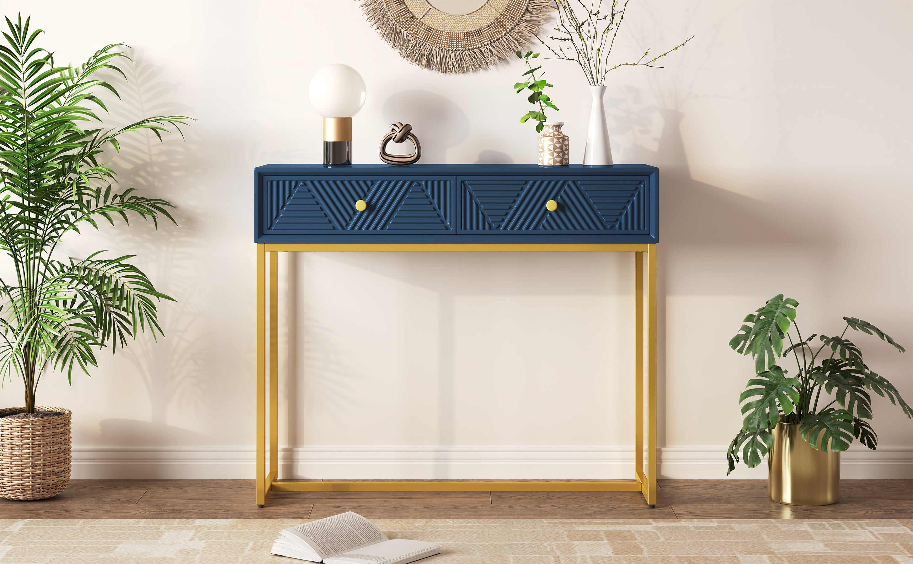 TREXM Modern Sleek Console Table Two Drawers with Stripe Design for Living Room and Entryway (Navy)