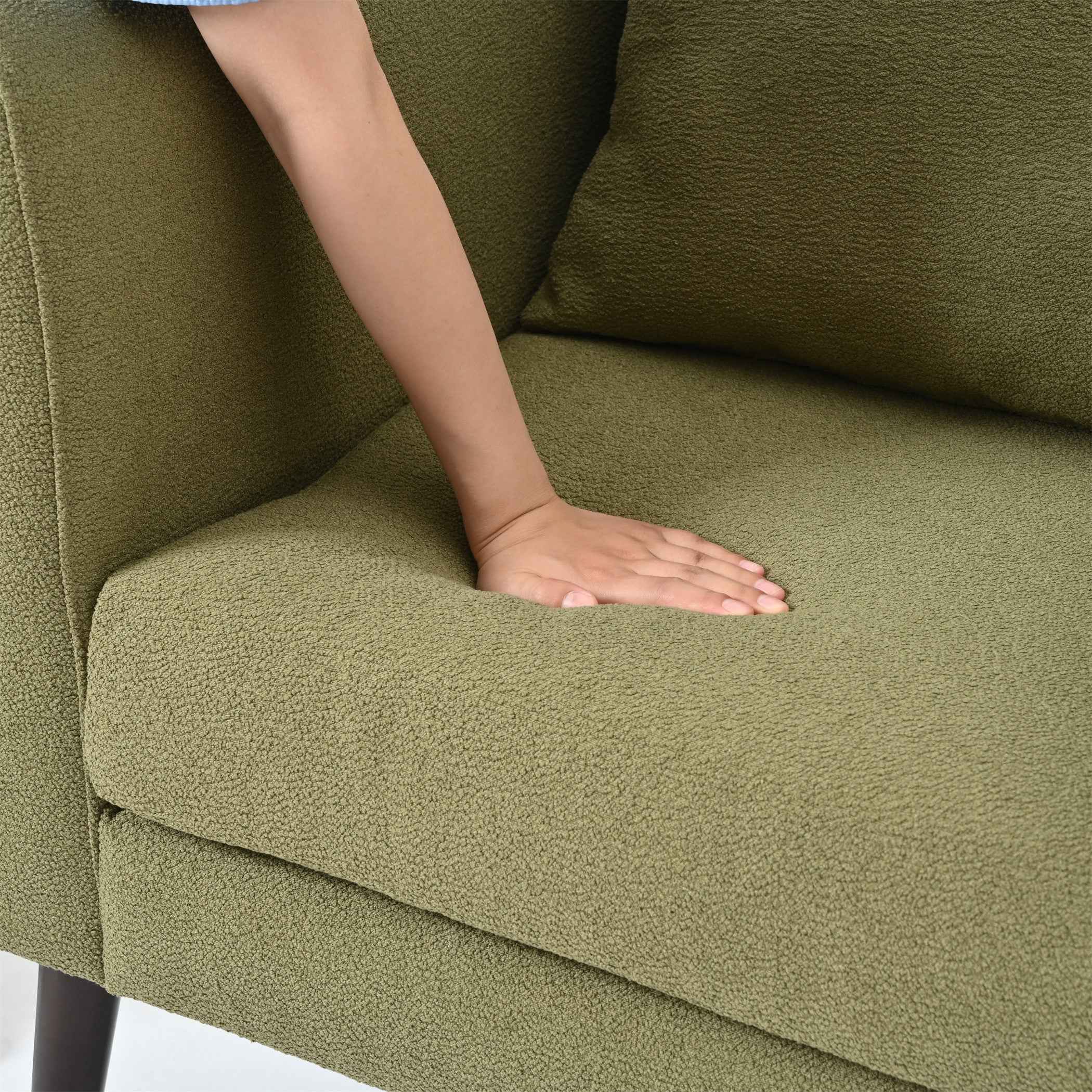 Modern Fabric Accent Chair, Upholstered Armchair for Living Room, Mid Century Fabric Lounge Chair w/Pillow, Comfortable Reading Chair with Wood Legs for Living Room, Bedroom, Reception Room (Olive)