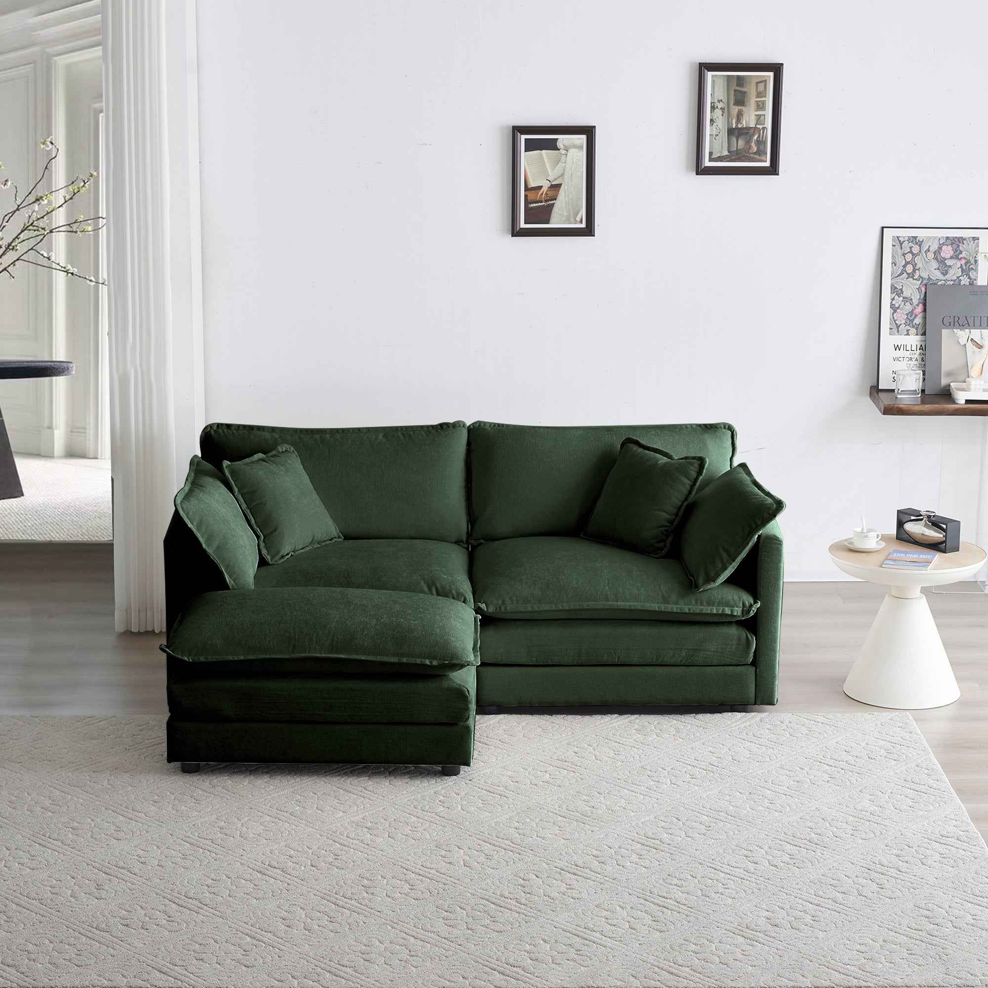 Chenille Two-Seater Sofa with 1 Footrest, 2 Seater L-Shaped Sectional with Ottoman,Loveseat with Ottoman for Small Living Space, Green Chenille