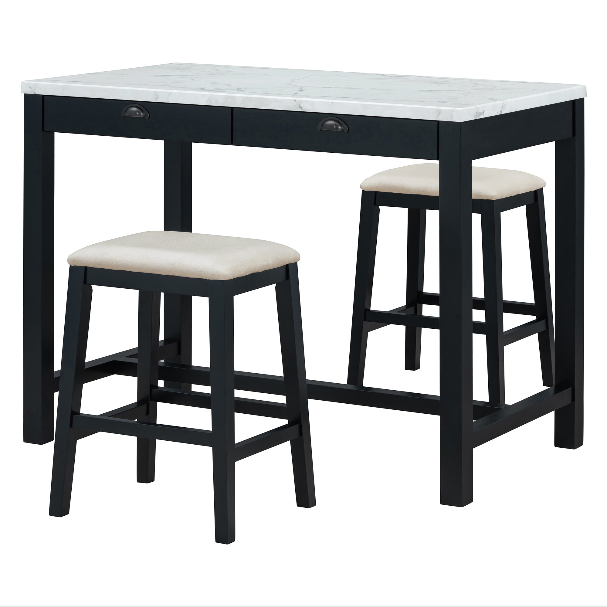 TREXM 3-Piece Modern Faux Marble Versatile Bar Table Set with Storage Drawers and Padded Stools, Ideal for Space-Saving Dining Nooks or Small Kitchens (Black)