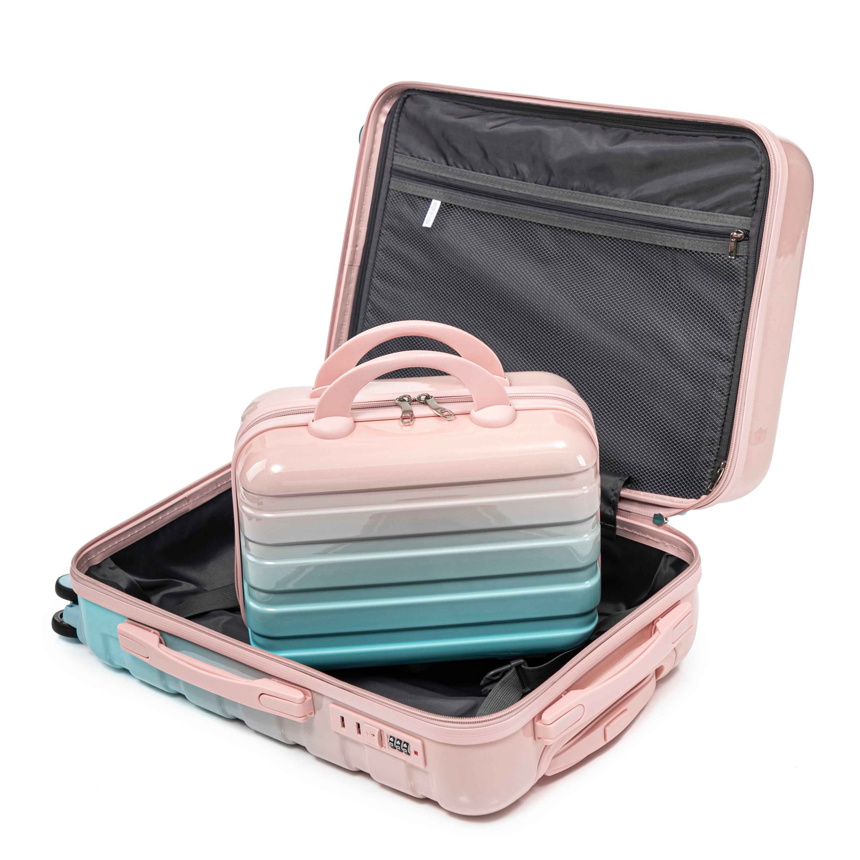 14'/20' 2 pcs/set in PC Spinner Wheel Luggage, Carry on Suitcase, With Gradient Color and Combination Lock(Blue+Pink)