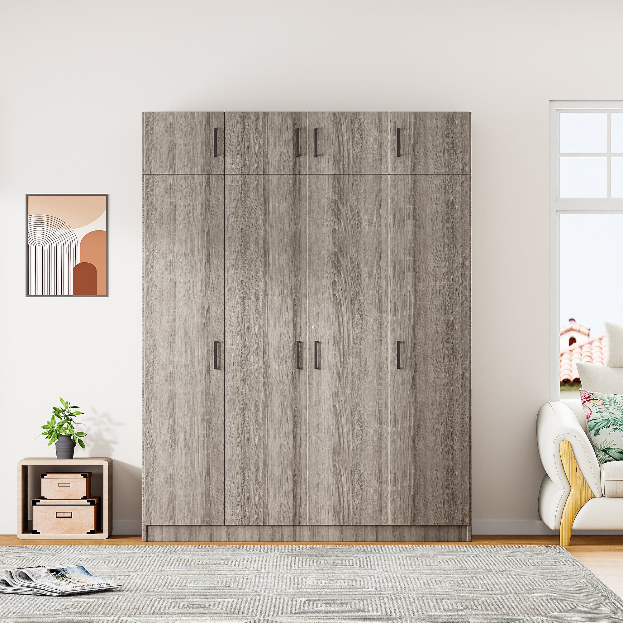 4-Door Wardrobe with 1 Drawer and Top Cabinet , Gray